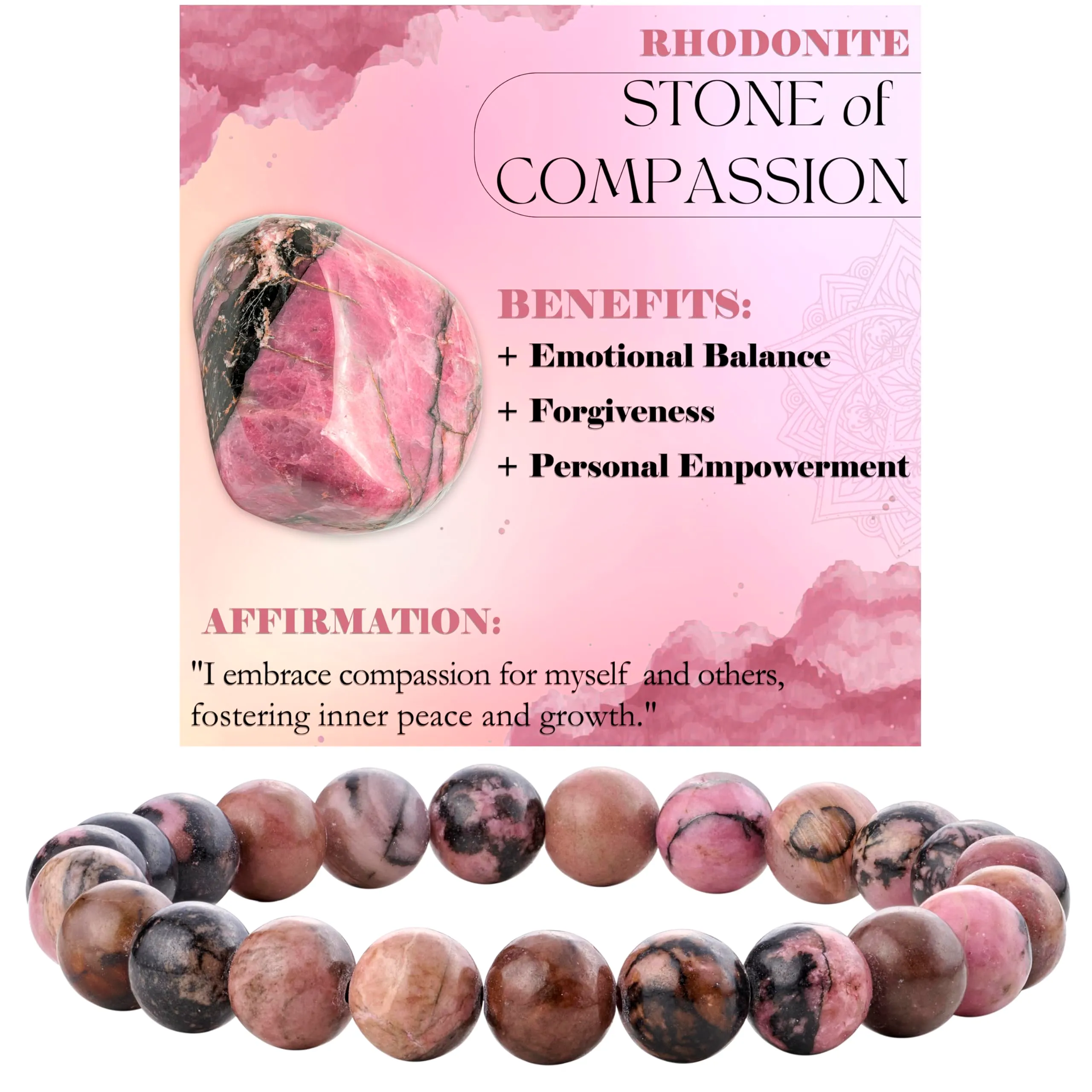 Bivei Bracciale Donna Pietre Naturali Rodonite 8 mm, 21 cm - immagine 1