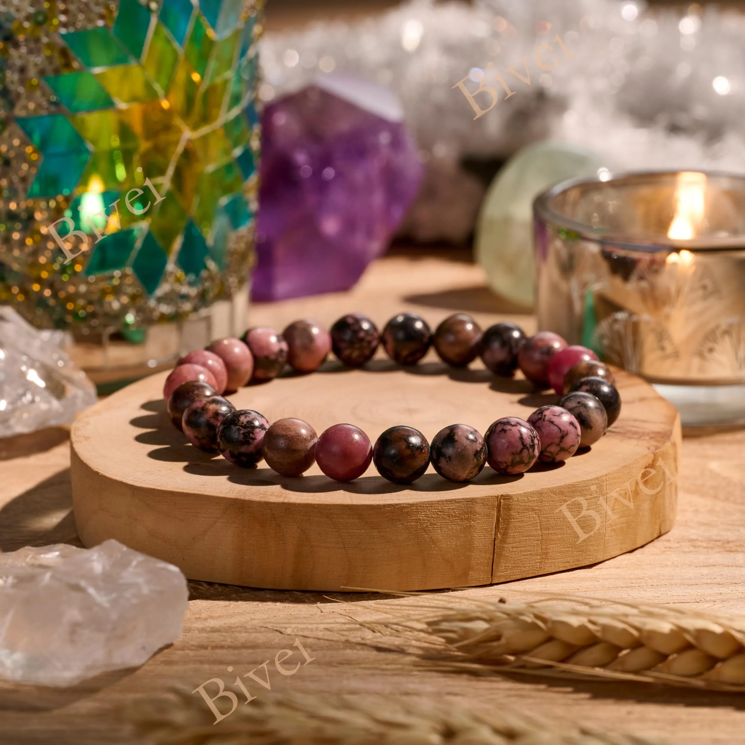 Bivei Bracciale Donna Pietre Naturali Rodonite 8 mm, 21 cm - immagine 4