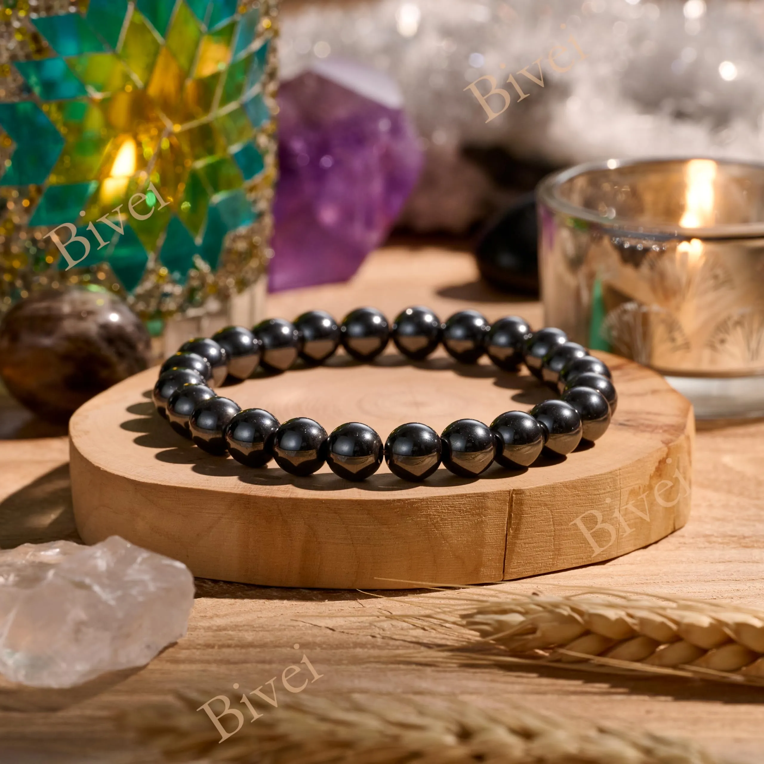 Bivei Bracciale Donna Pietre Naturali Ematite 8 mm, 17 cm - immagine 4