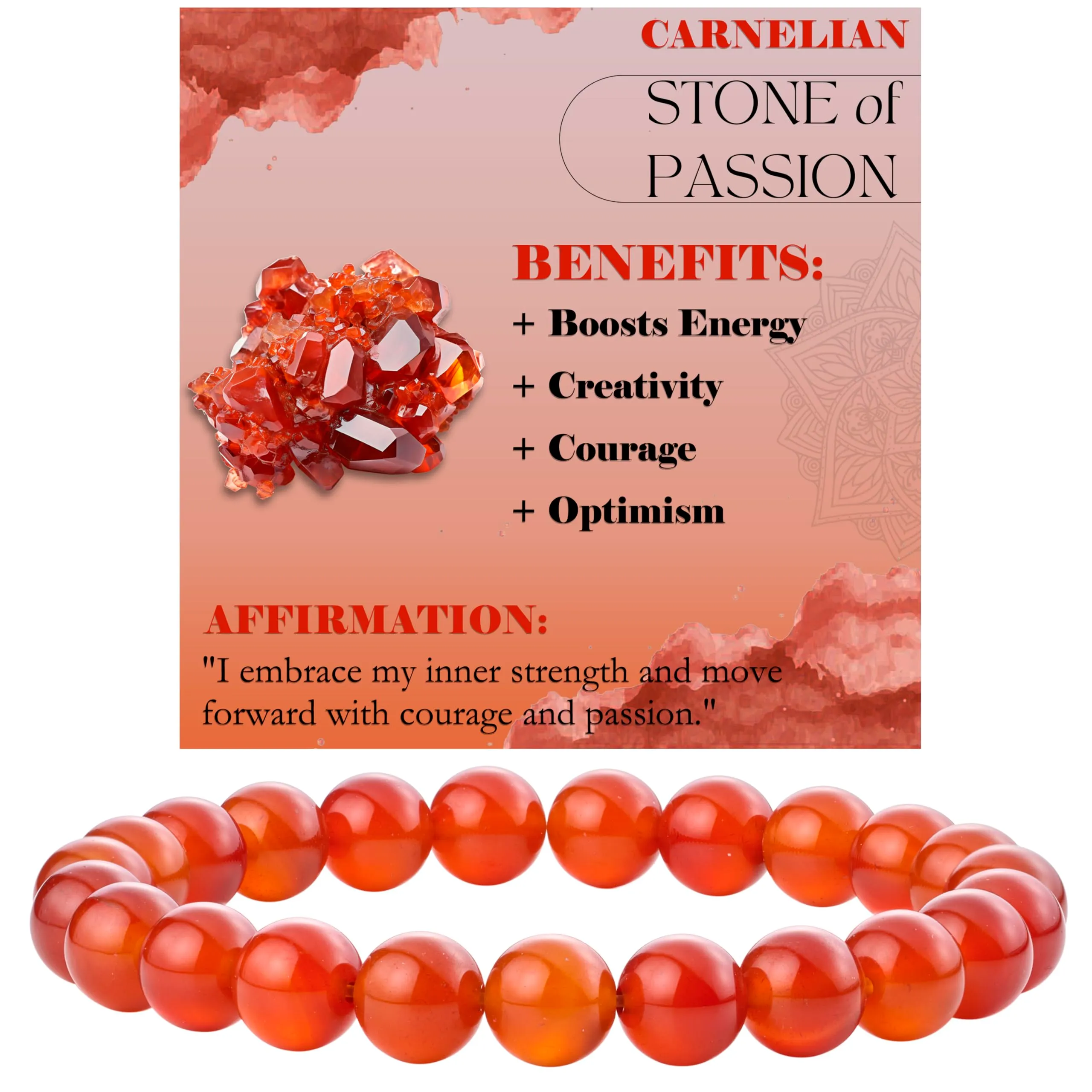 Bivei Bracciale Donna Pietre Naturali Corniola 8 mm, 17 cm - immagine 1
