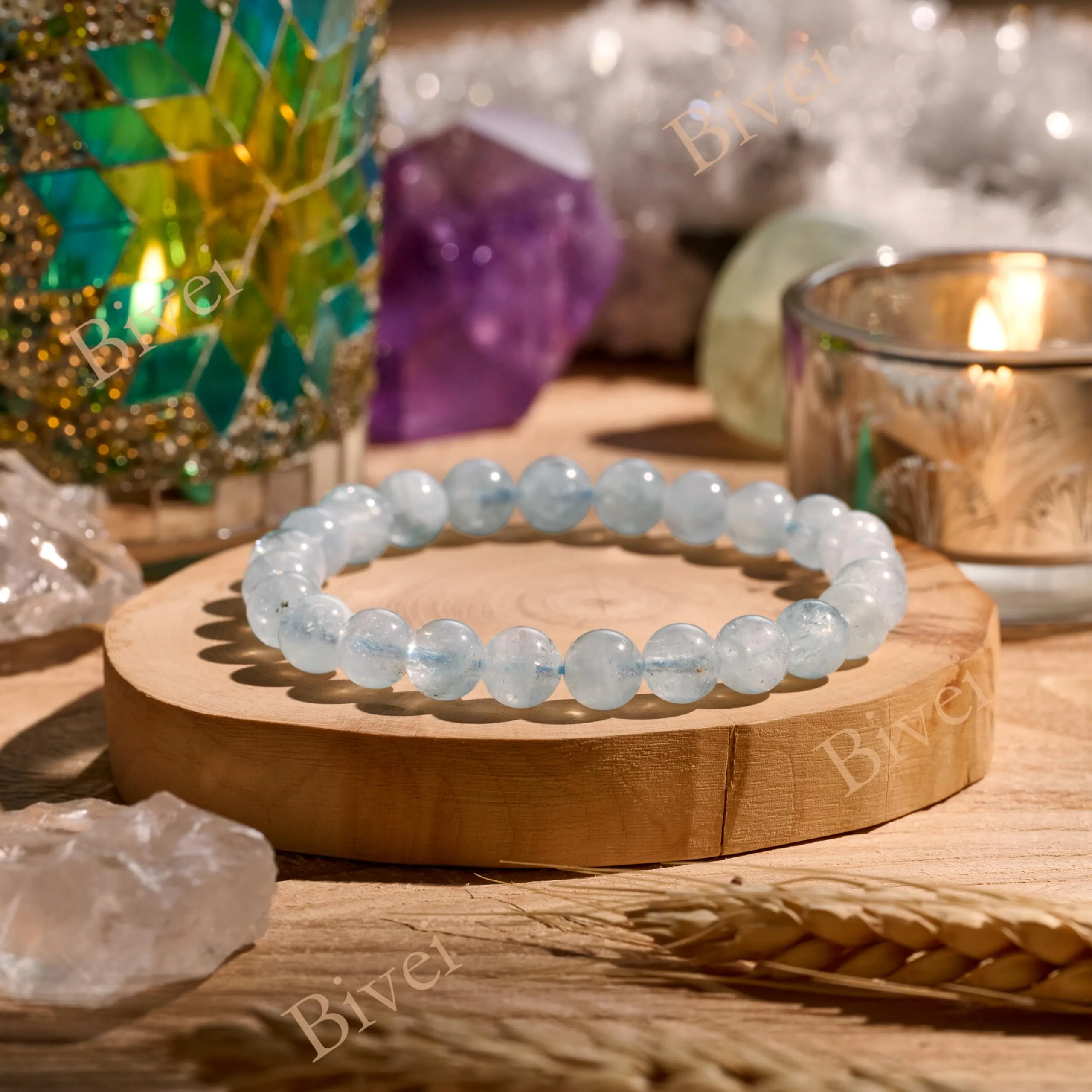 Bivei Bracciale Donna Pietre Naturali Acquamarina 8 mm, 17 cm - immagine 4
