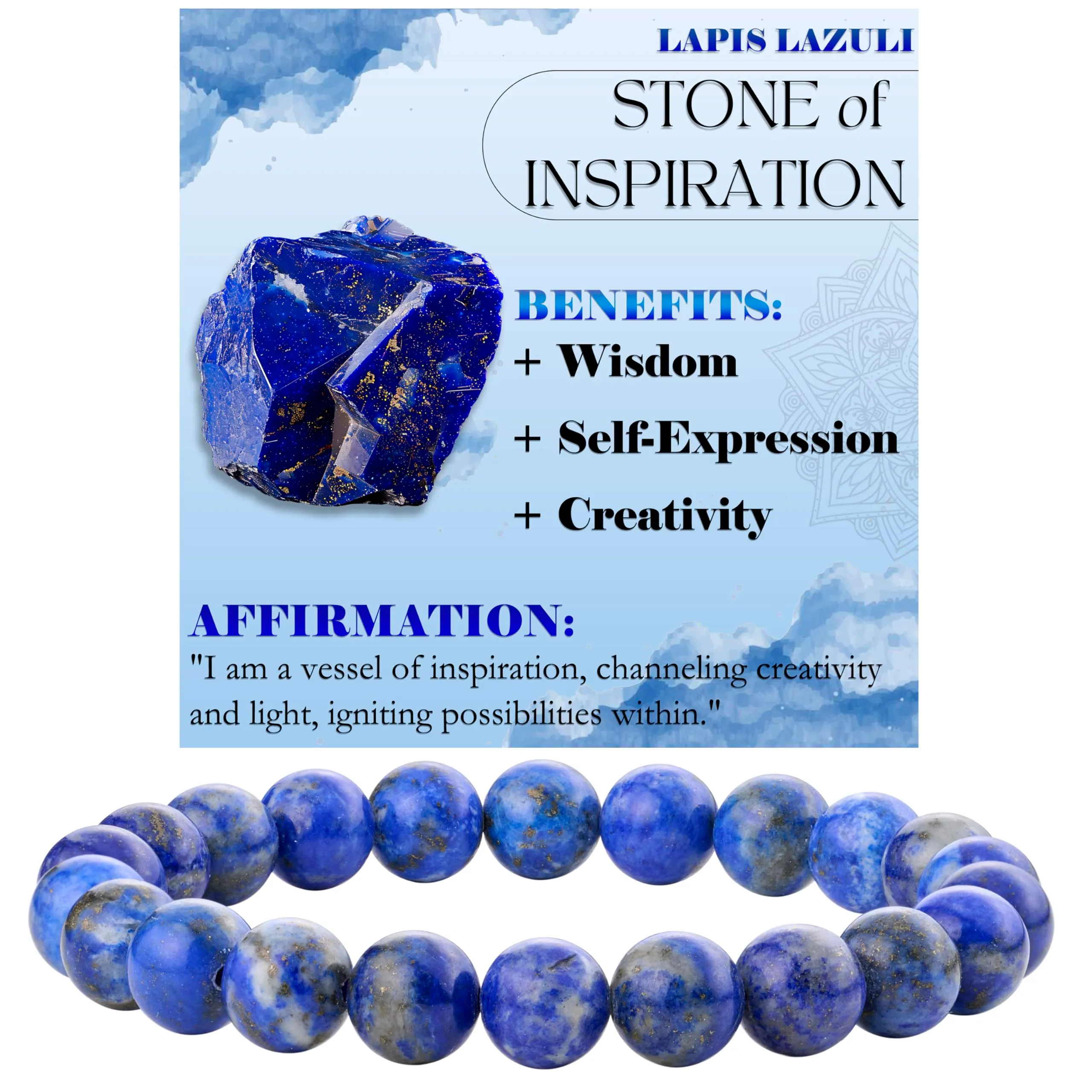 Bivei Bracciale Donna Pietre Naturali Lapislazzuli 8 mm, 17 cm - immagine 1