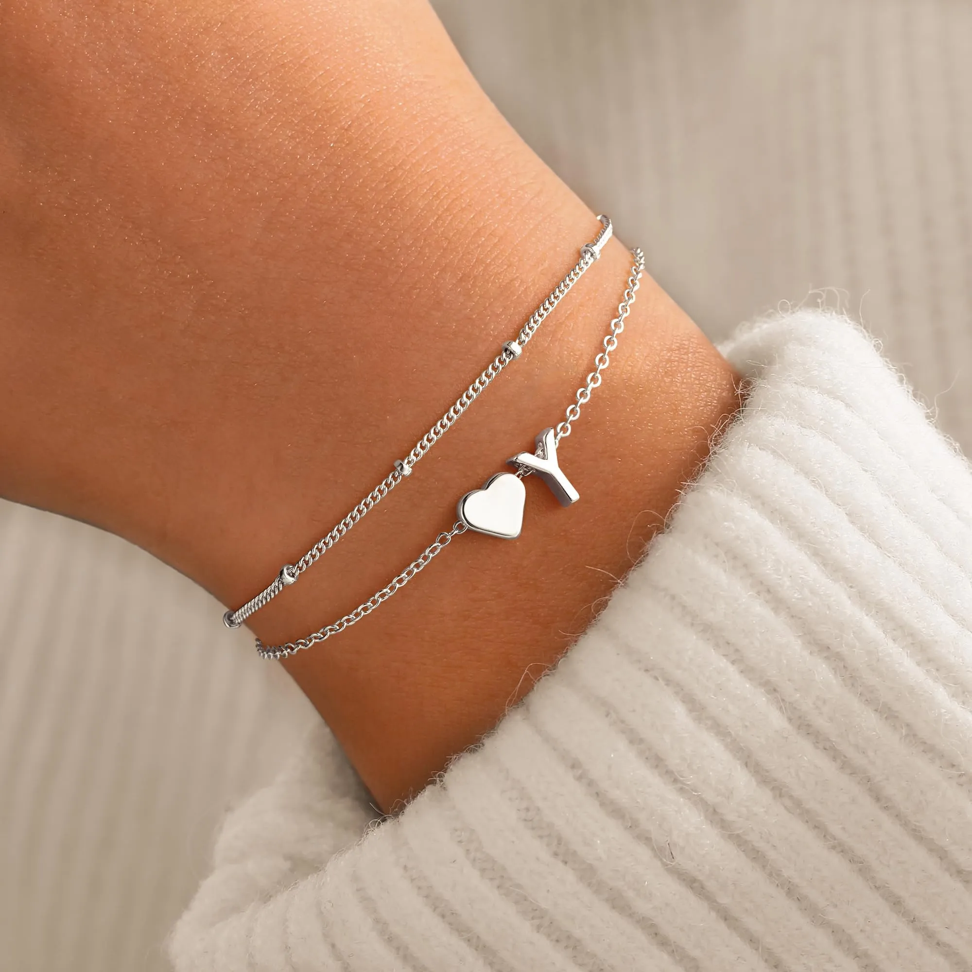 Bracciale da Donna TINGN Oro e Argento - 14K Bracciale Dorato a Strati con Cuore, Bracciale Personalizzato con Monogramma, Alfabeto, Lettere, Gioielli da Donna, Catena da Donna, Gioielli da Regalo per - immagine 2
