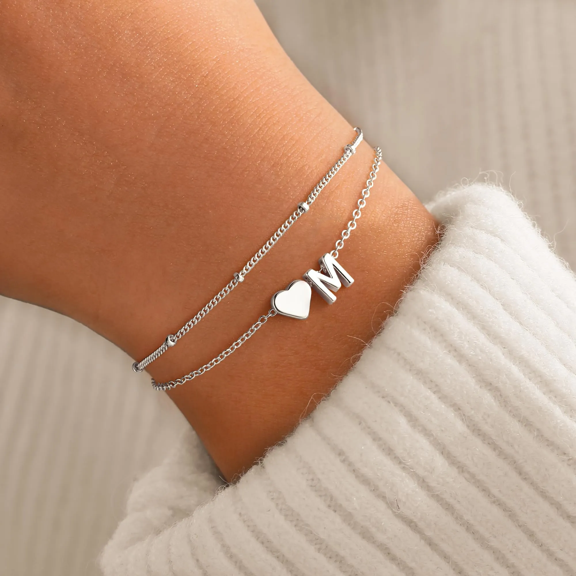 Bracciale da Donna TINGN Oro e Argento - 14K Bracciale Dorato a Strati con Cuore, Bracciale Personalizzato con Monogramma, Alfabeto, Lettere, Gioielli da Donna, Catena da Donna, Gioielli da Regalo per - immagine 2