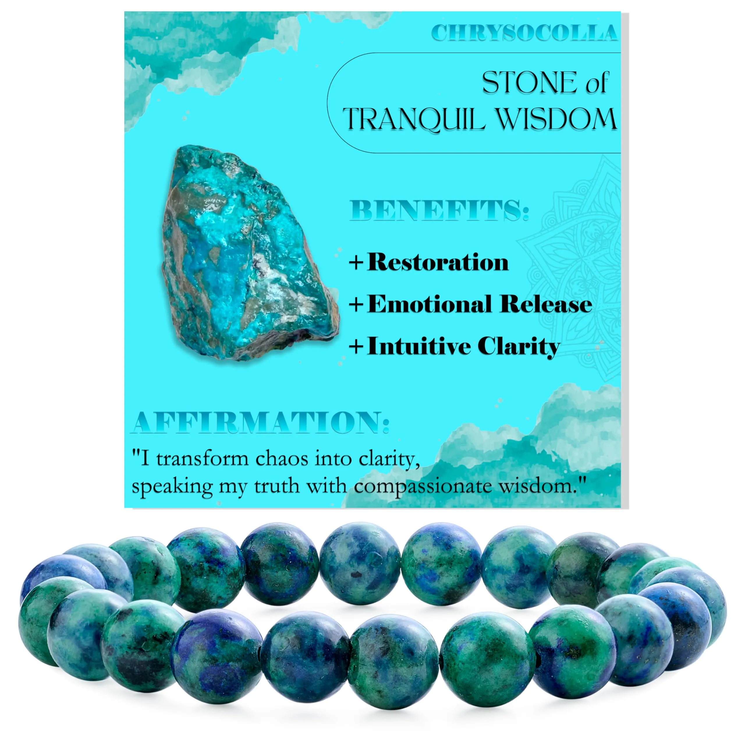Bivei Bracciale Donna Pietre Naturali Chrysocolla 8 mm, 18,5 cm - immagine 1