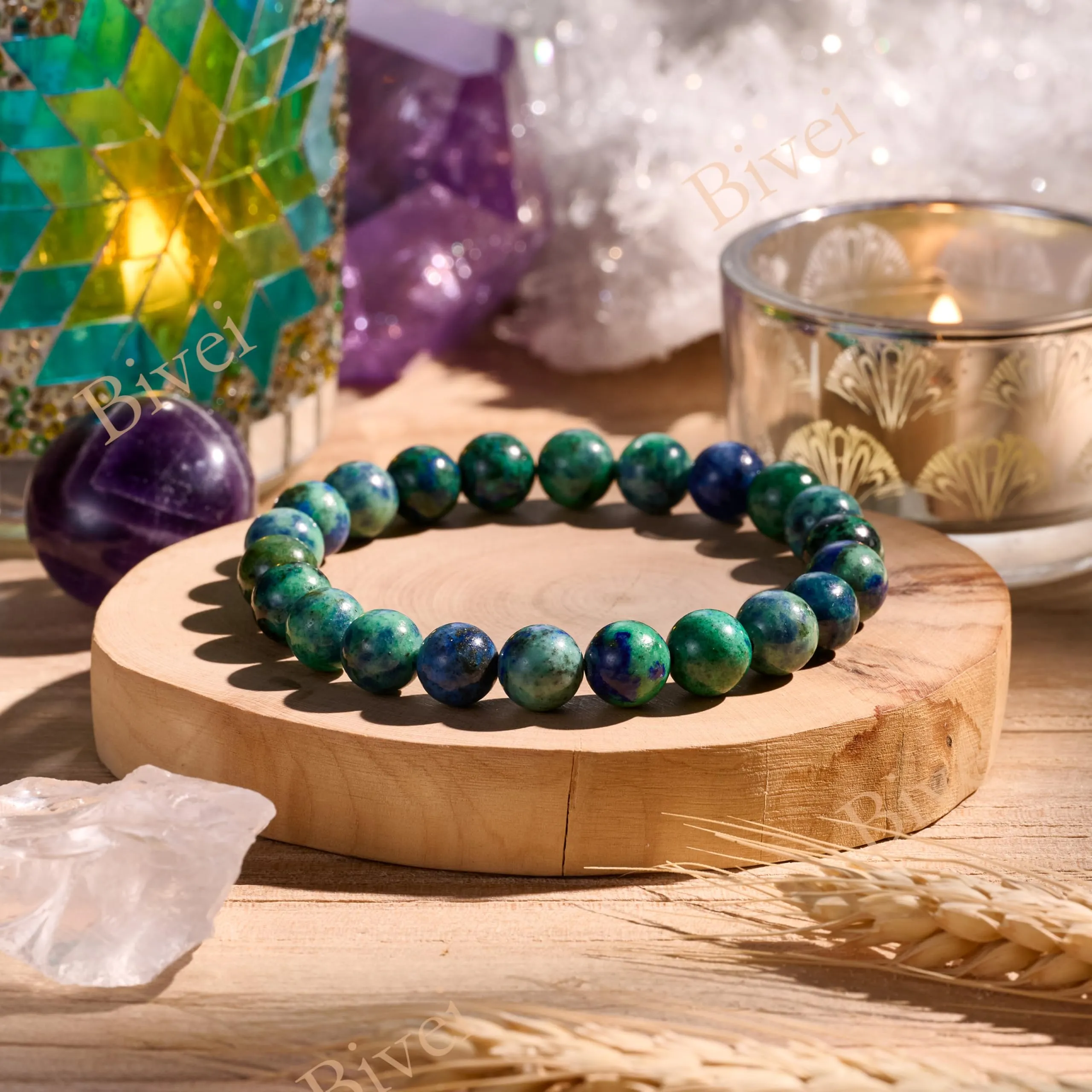 Bivei Bracciale Donna Pietre Naturali Chrysocolla 8 mm, 18,5 cm - immagine 4