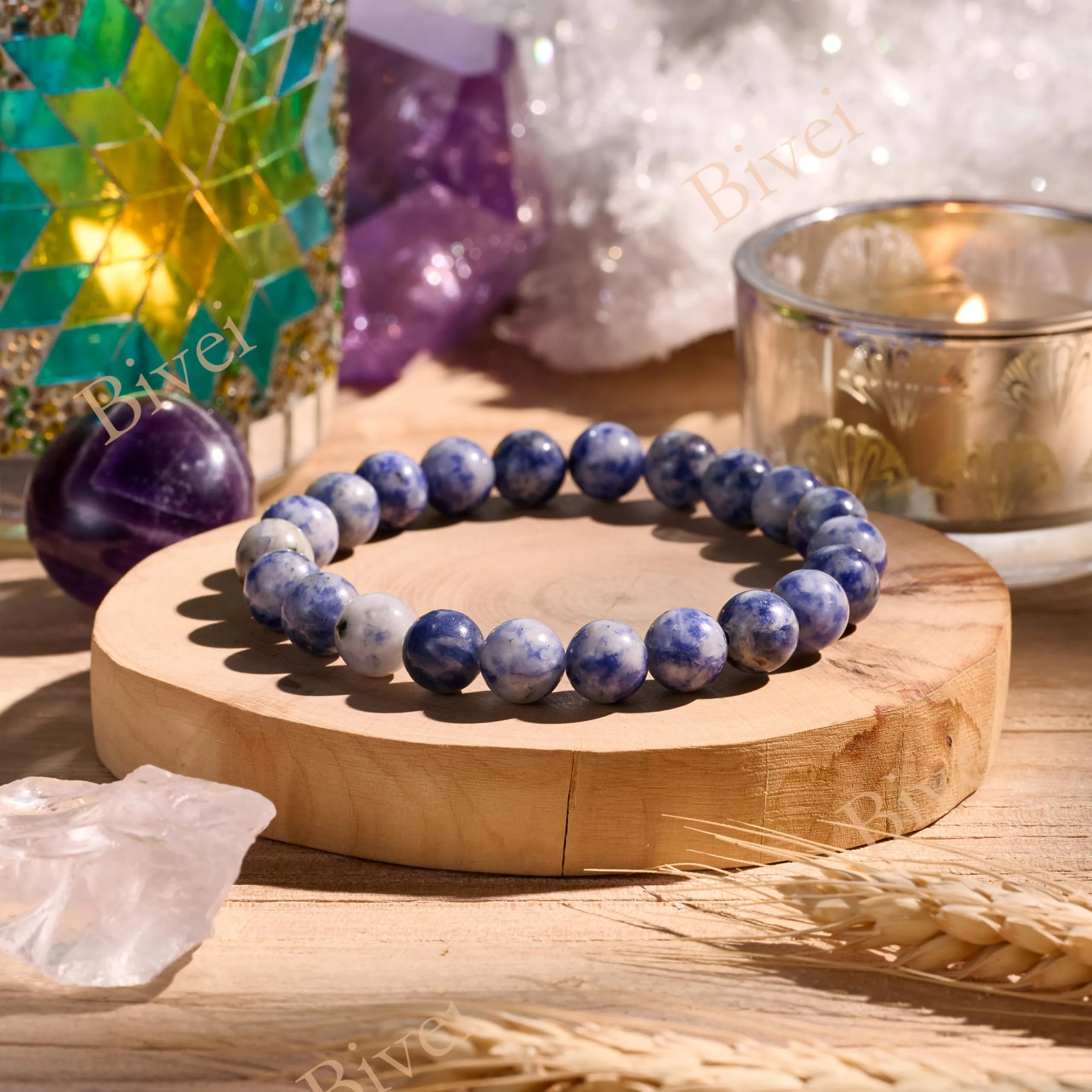 Bivei Bracciale Donna Pietre Naturali Jaspe Tacheté Blu 8 mm, 18,5 cm - immagine 4