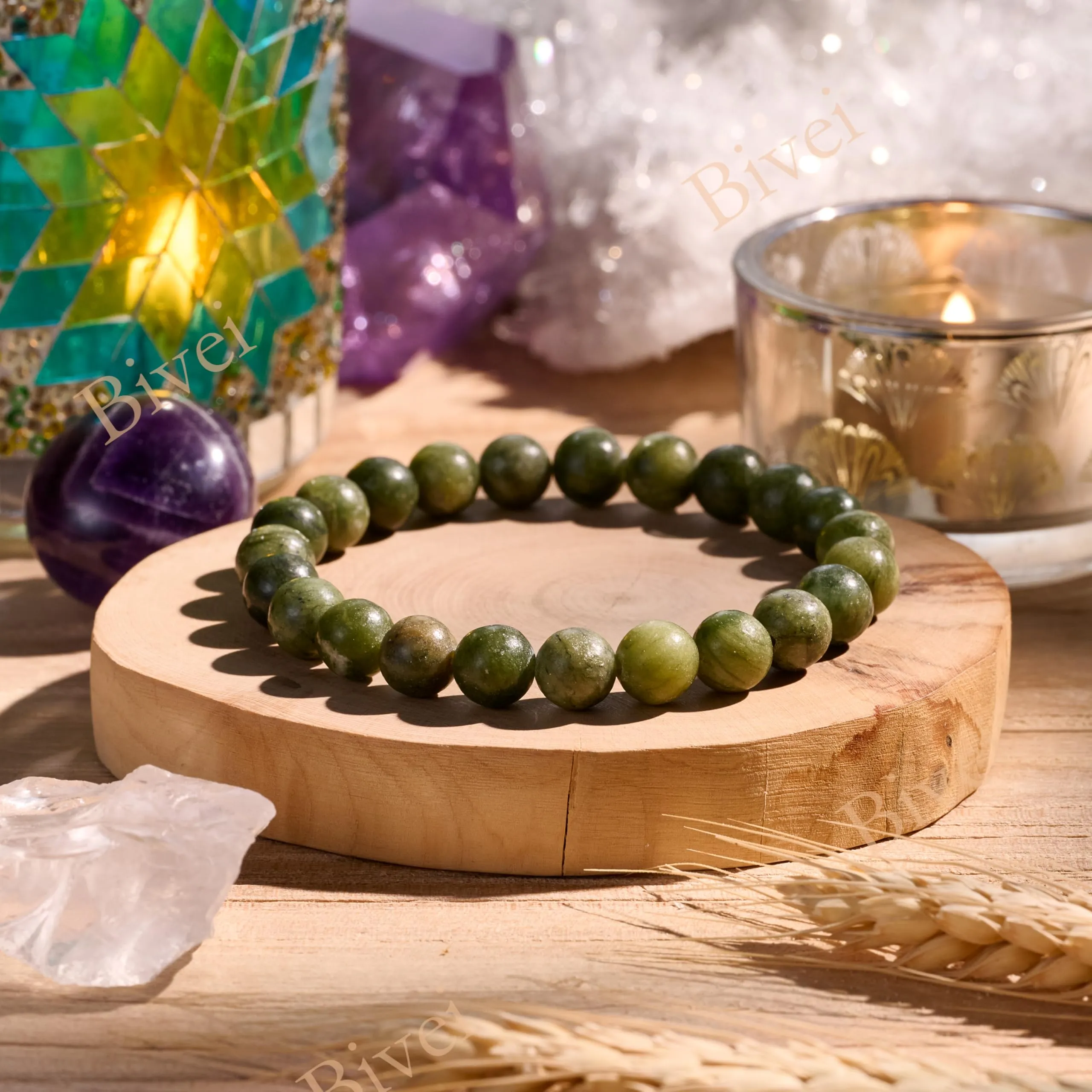 Bivei Bracciale Donna Pietre Naturali Jade di Taiwan 8 mm, 18,5 cm - immagine 4