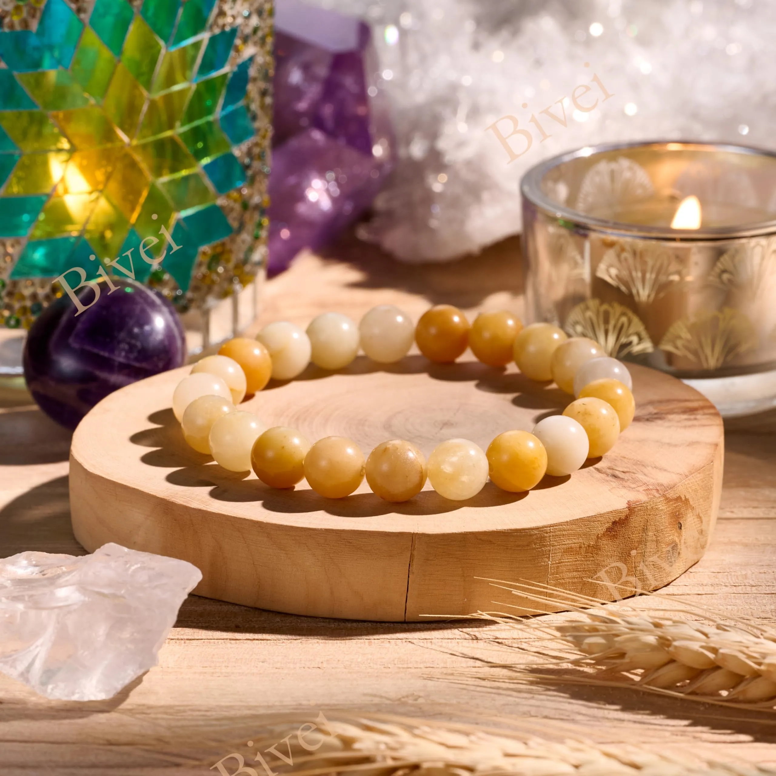 Bivei Bracciale Donna Pietre Naturali Jade Giallo 8 mm, 18,5 cm - immagine 4