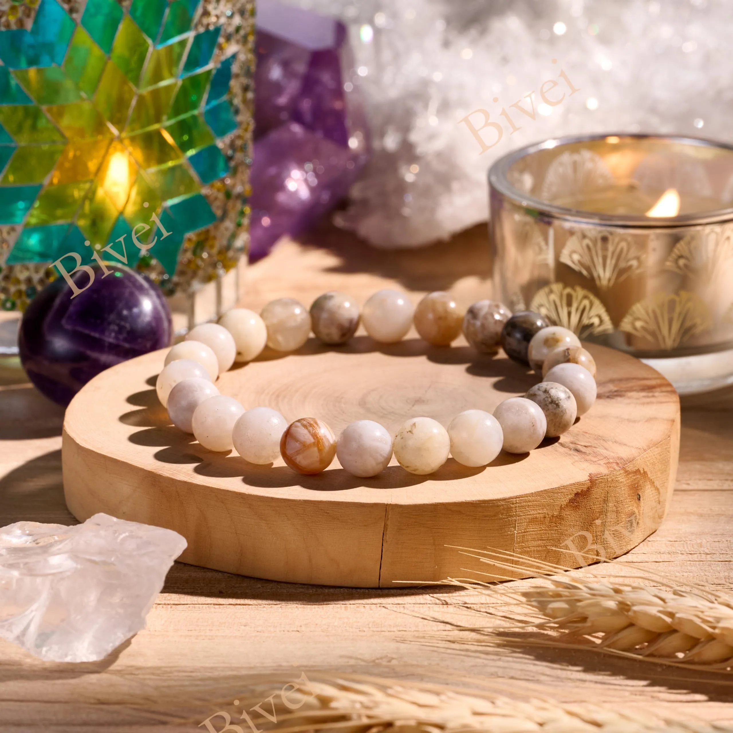Bivei Bracciale Donna Pietre Naturali Agata Foglia di Bambù 8 mm, 18,5 cm - immagine 4