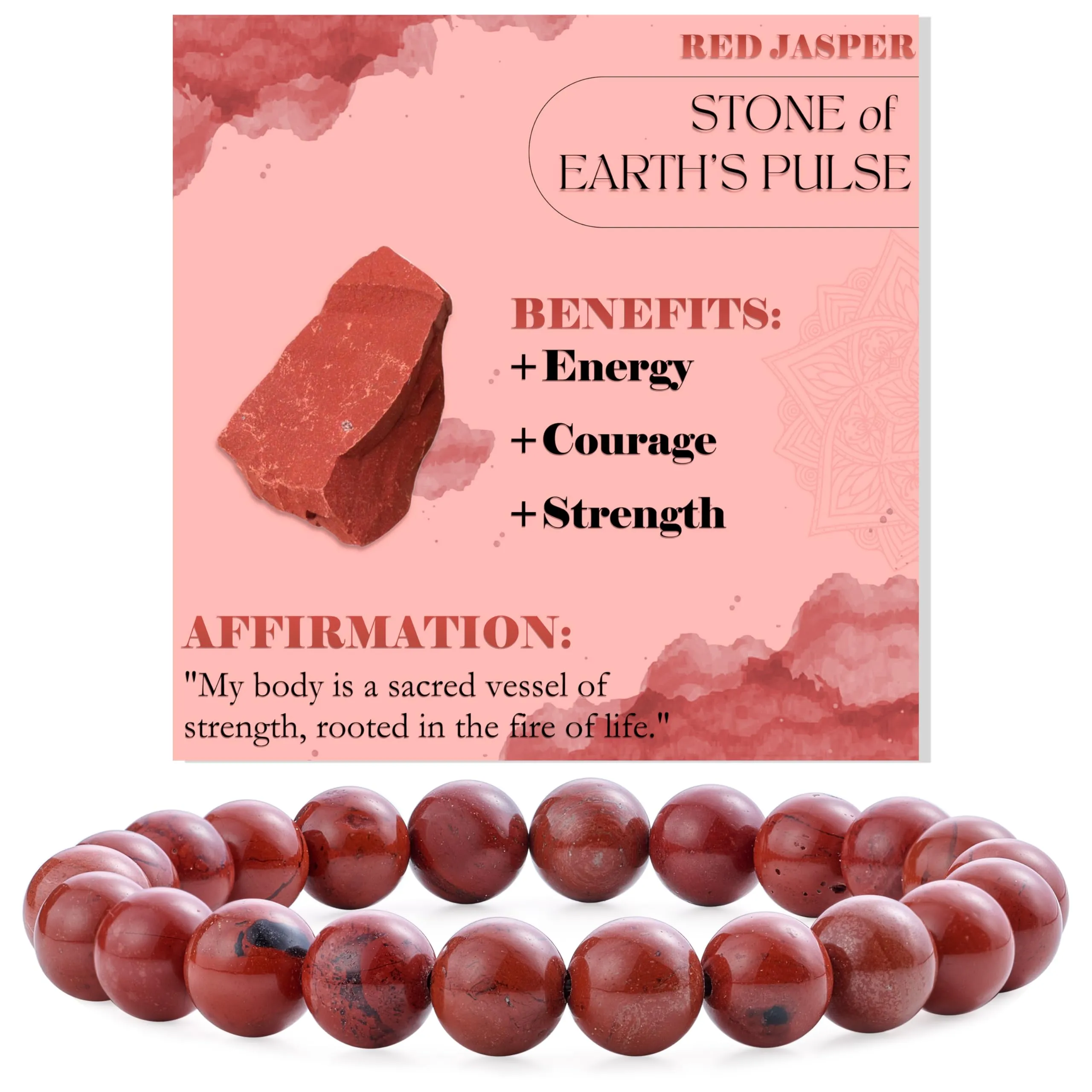 Bivei Bracciale Donna Pietre Naturali Jaspe Rosso 8 mm, 18,5 cm - immagine 1