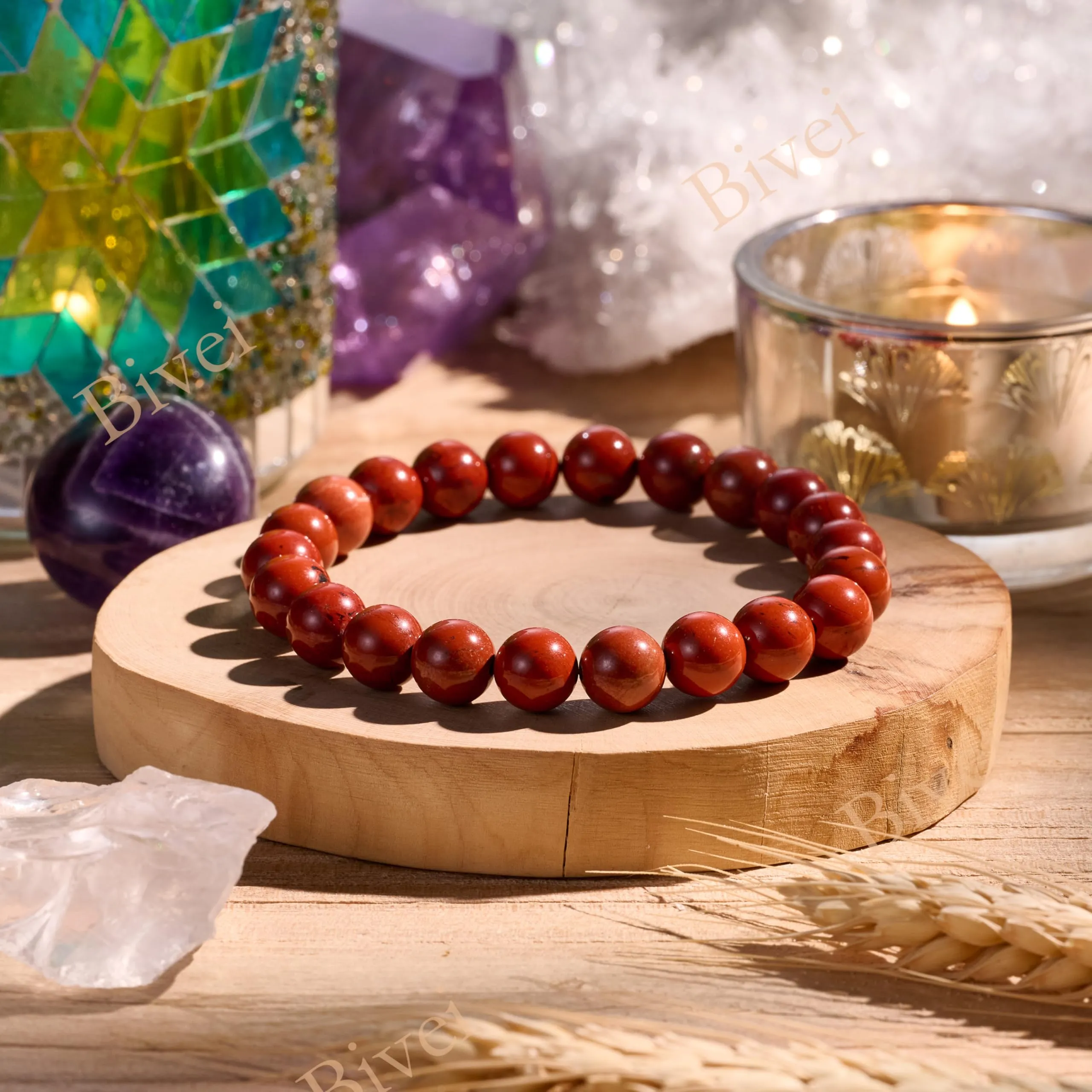 Bivei Bracciale Donna Pietre Naturali Jaspe Rosso 8 mm, 18,5 cm - immagine 4
