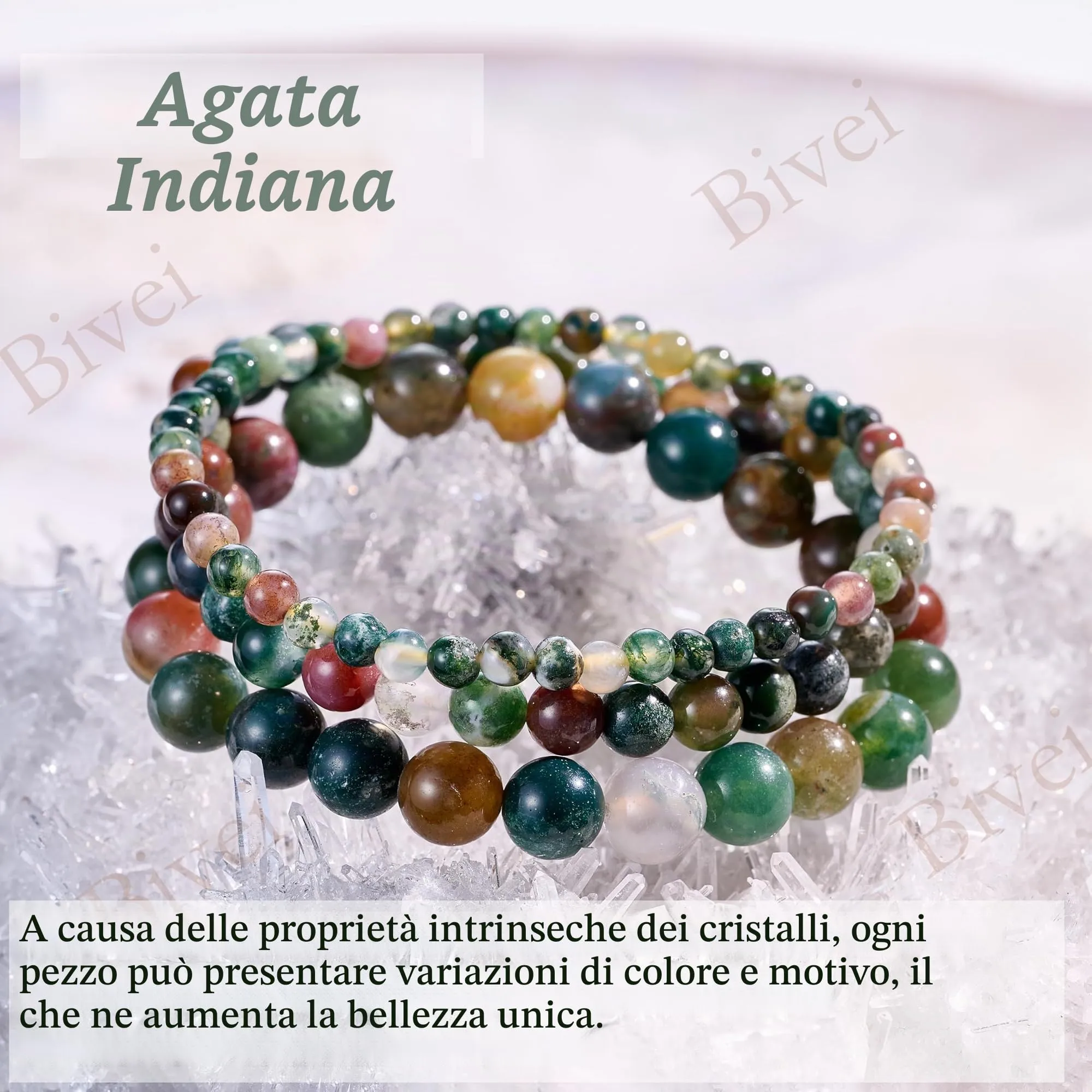 Bivei Bracciale Donna Pietre Naturali Agata Indiana 8 mm, 18,5 cm - immagine 5