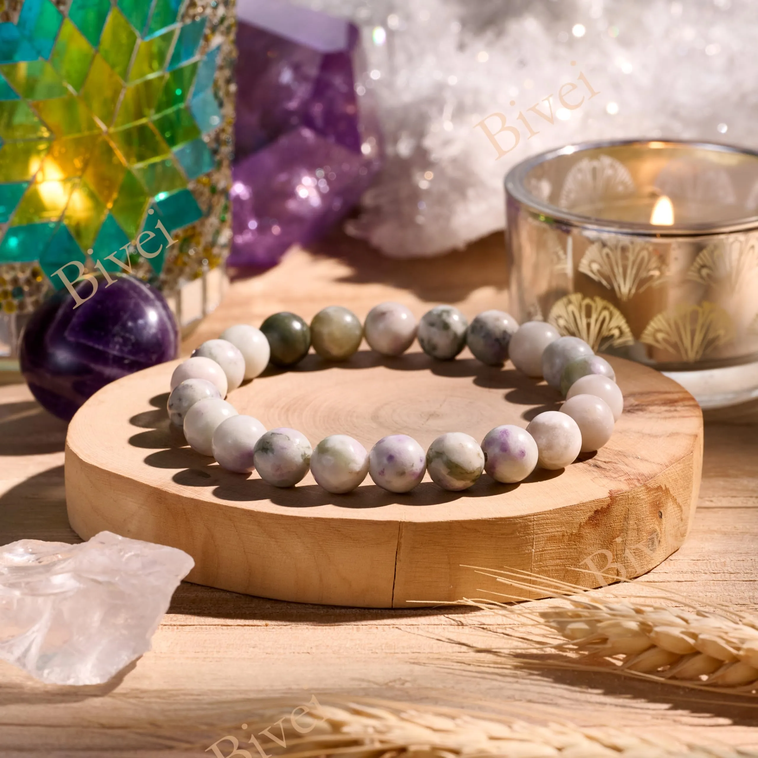 Bivei Bracciale Donna Pietre Naturali Jade di Pace 8 mm, 18,5 cm - immagine 4