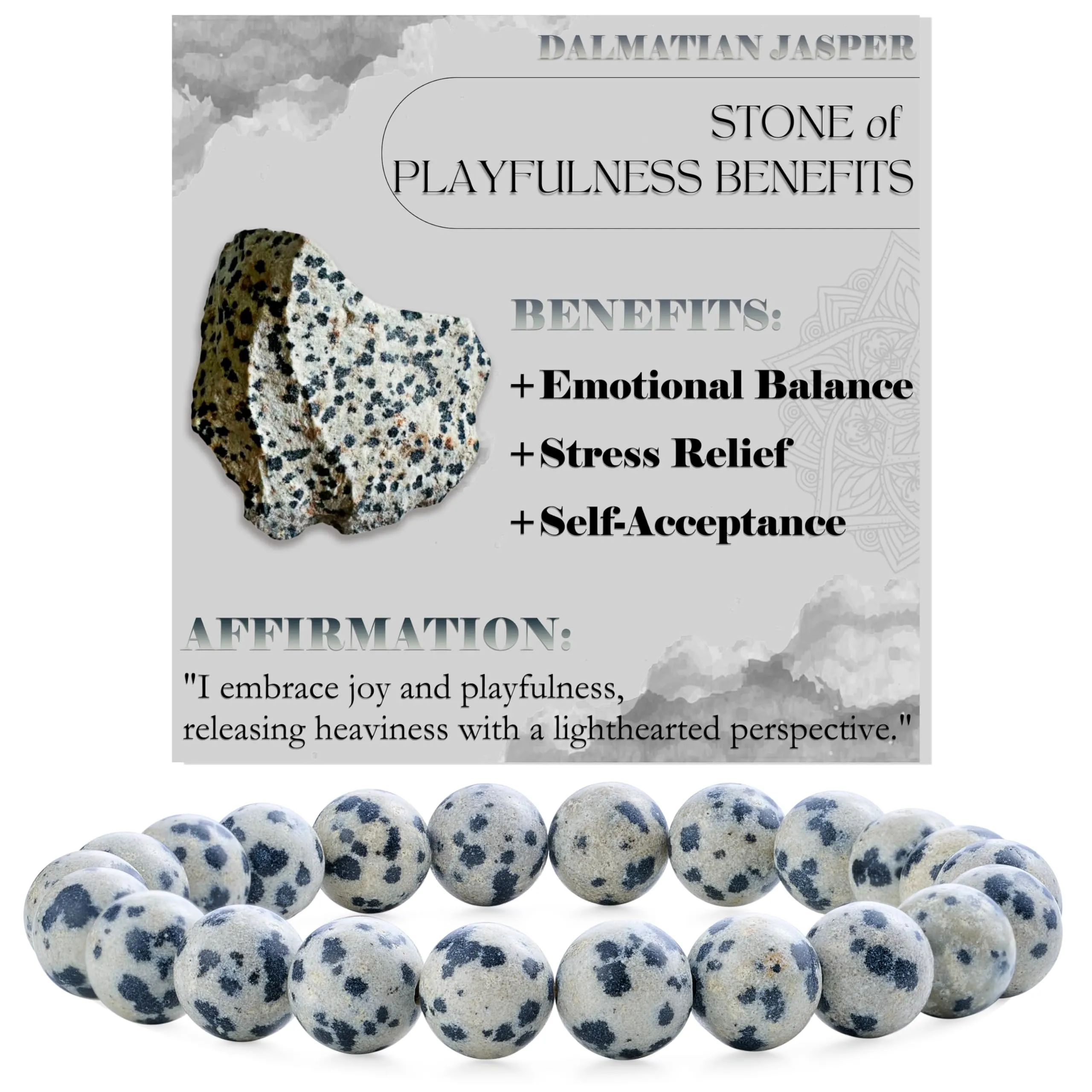 Bivei Bracciale Donna Pietre Naturali Jaspe Dalmata 8 mm, 18,5 cm - immagine 1