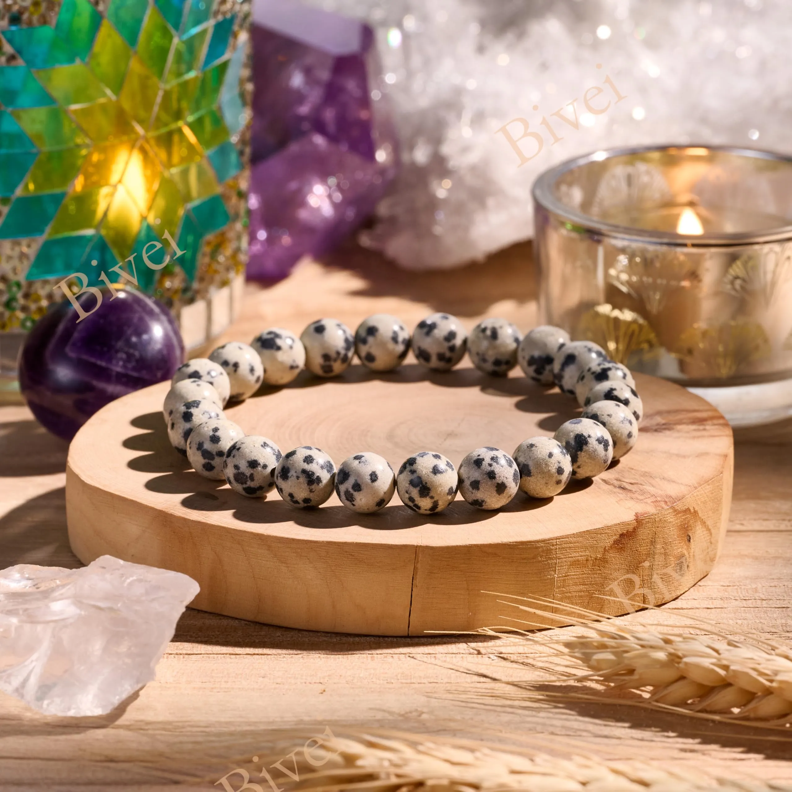 Bivei Bracciale Donna Pietre Naturali Jaspe Dalmata 8 mm, 18,5 cm - immagine 4