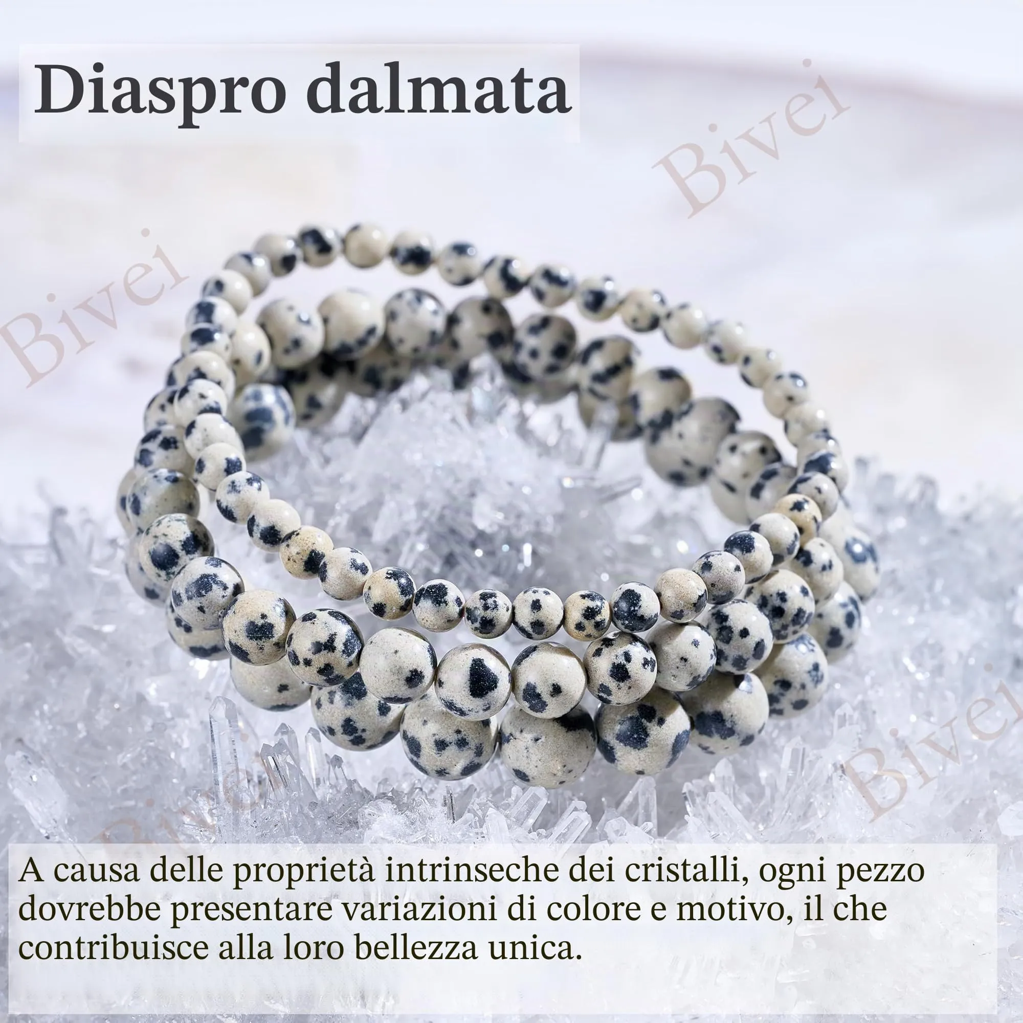Bivei Bracciale Donna Pietre Naturali Jaspe Dalmata 8 mm, 18,5 cm - immagine 5