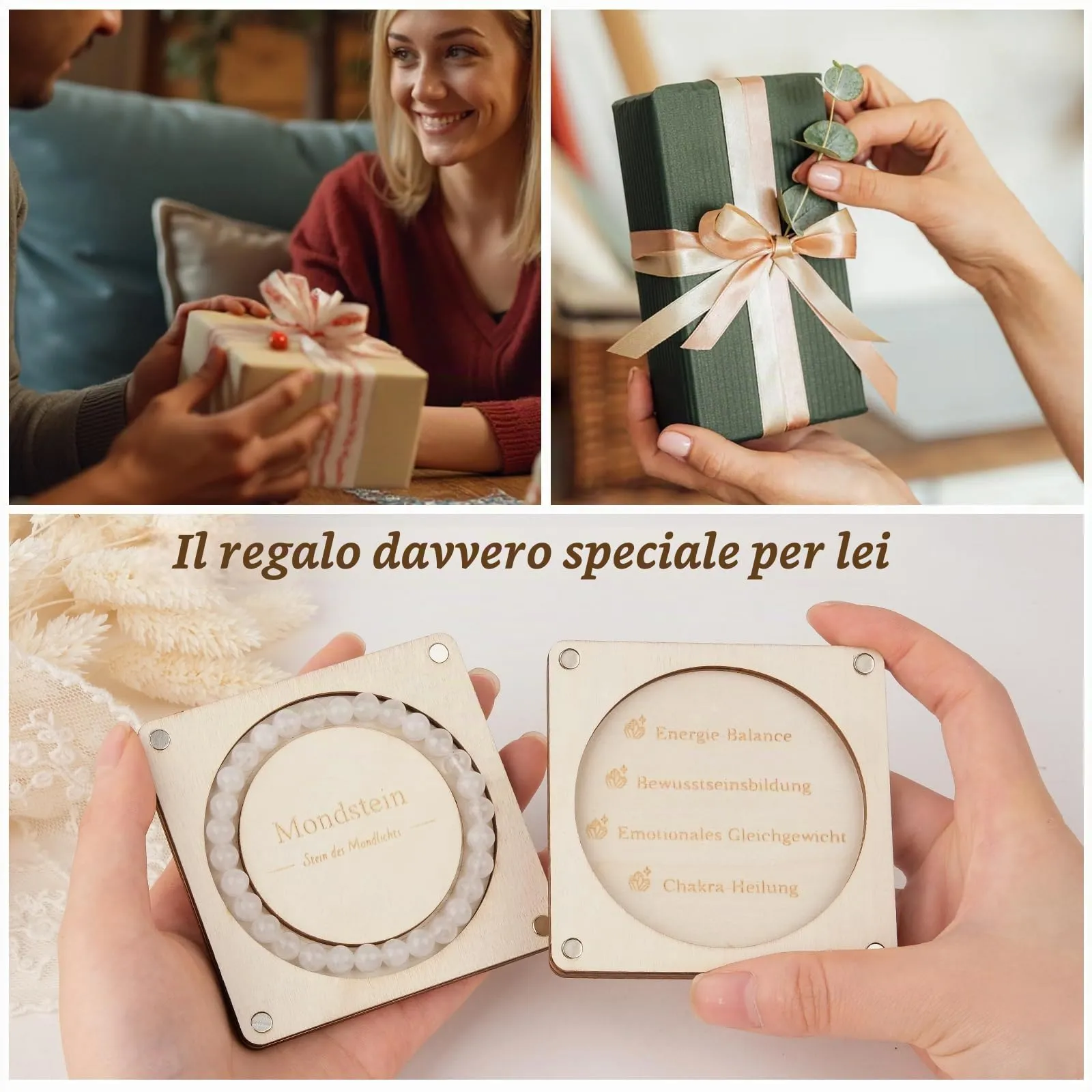 RUBY Braccialetto elastico da 6 mm, realizzato a mano, in vera pietra naturale, con squisita idea regalo per mamma e sorelle, scatola regalo magnetica in legno e perle di ricambio, Mondstein, Strass - immagine 4
