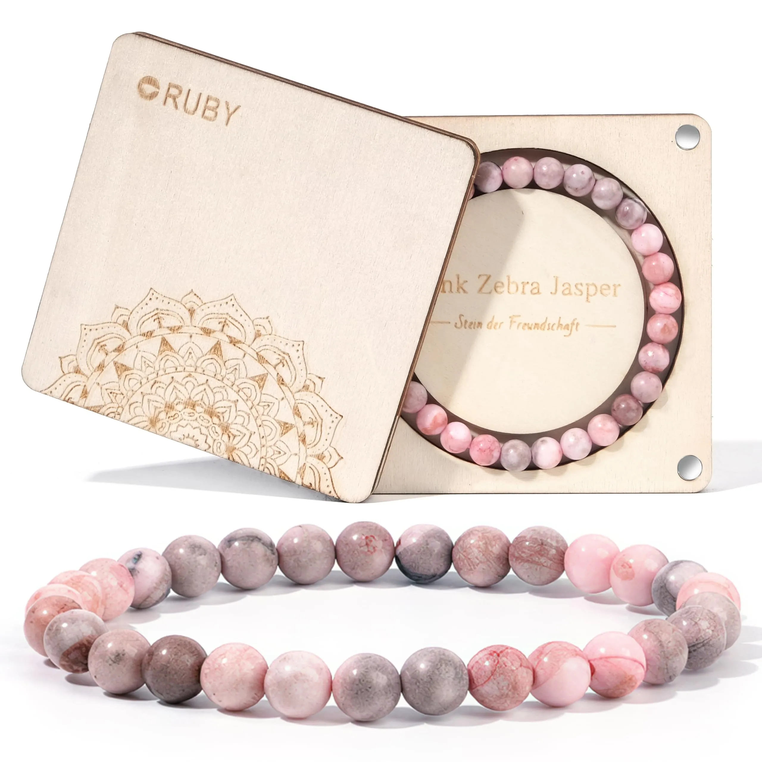 RUBY Braccialetto da 6 mm con pietra curativa per donne, braccialetto naturale fatto a mano, braccialetto portafortuna, regali squisiti per madre e sorelle, scatola regalo magnetica in legno e perline - immagine 1