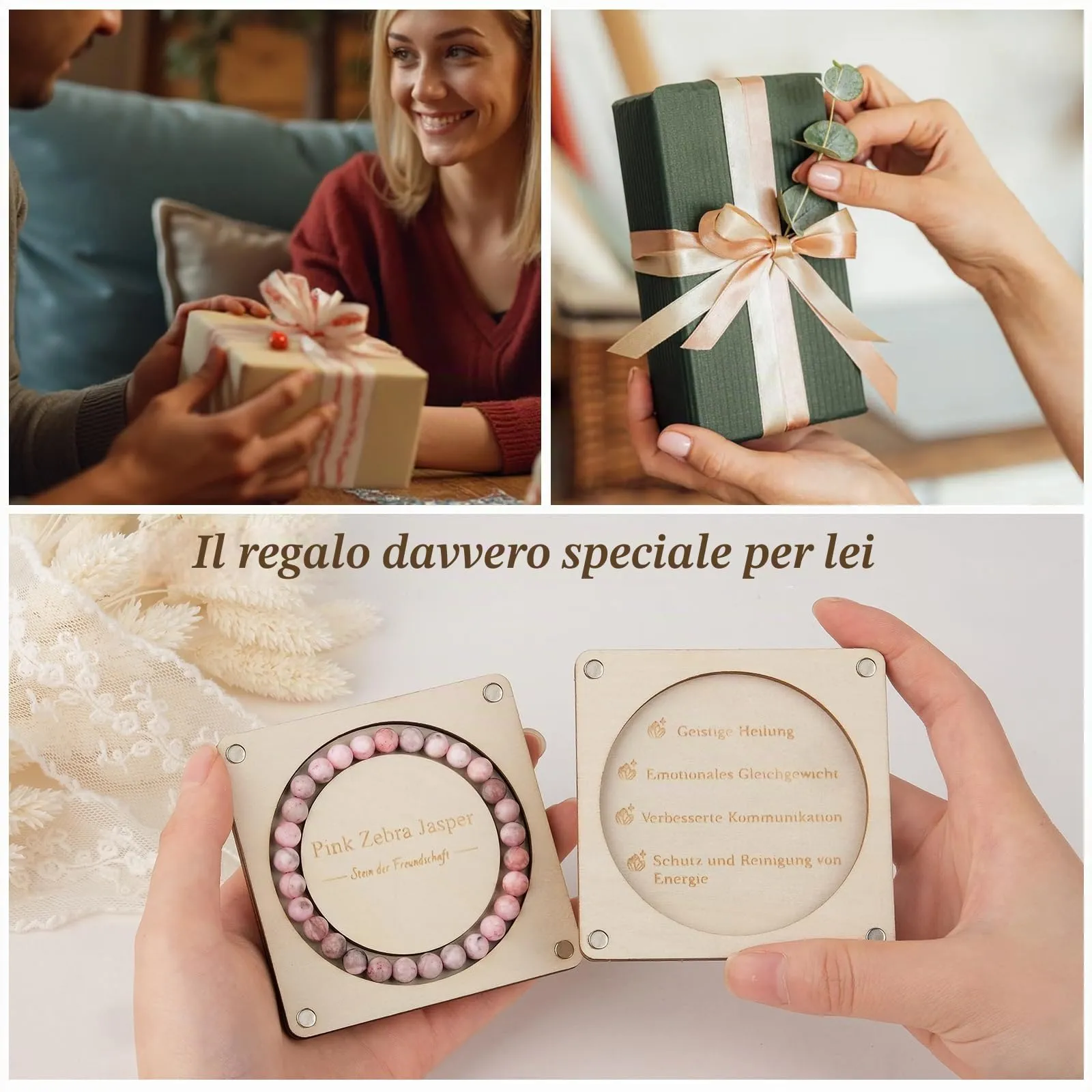 RUBY Braccialetto da 6 mm con pietra curativa per donne, braccialetto naturale fatto a mano, braccialetto portafortuna, regali squisiti per madre e sorelle, scatola regalo magnetica in legno e perline - immagine 4