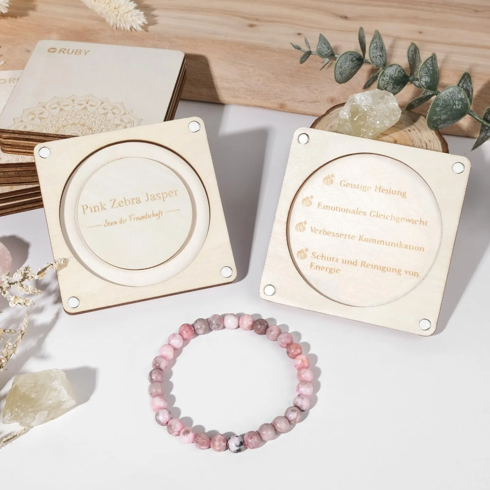 RUBY Braccialetto da 6 mm con pietra curativa per donne, braccialetto naturale fatto a mano, braccialetto portafortuna, regali squisiti per madre e sorelle, scatola regalo magnetica in legno e perline - immagine 7
