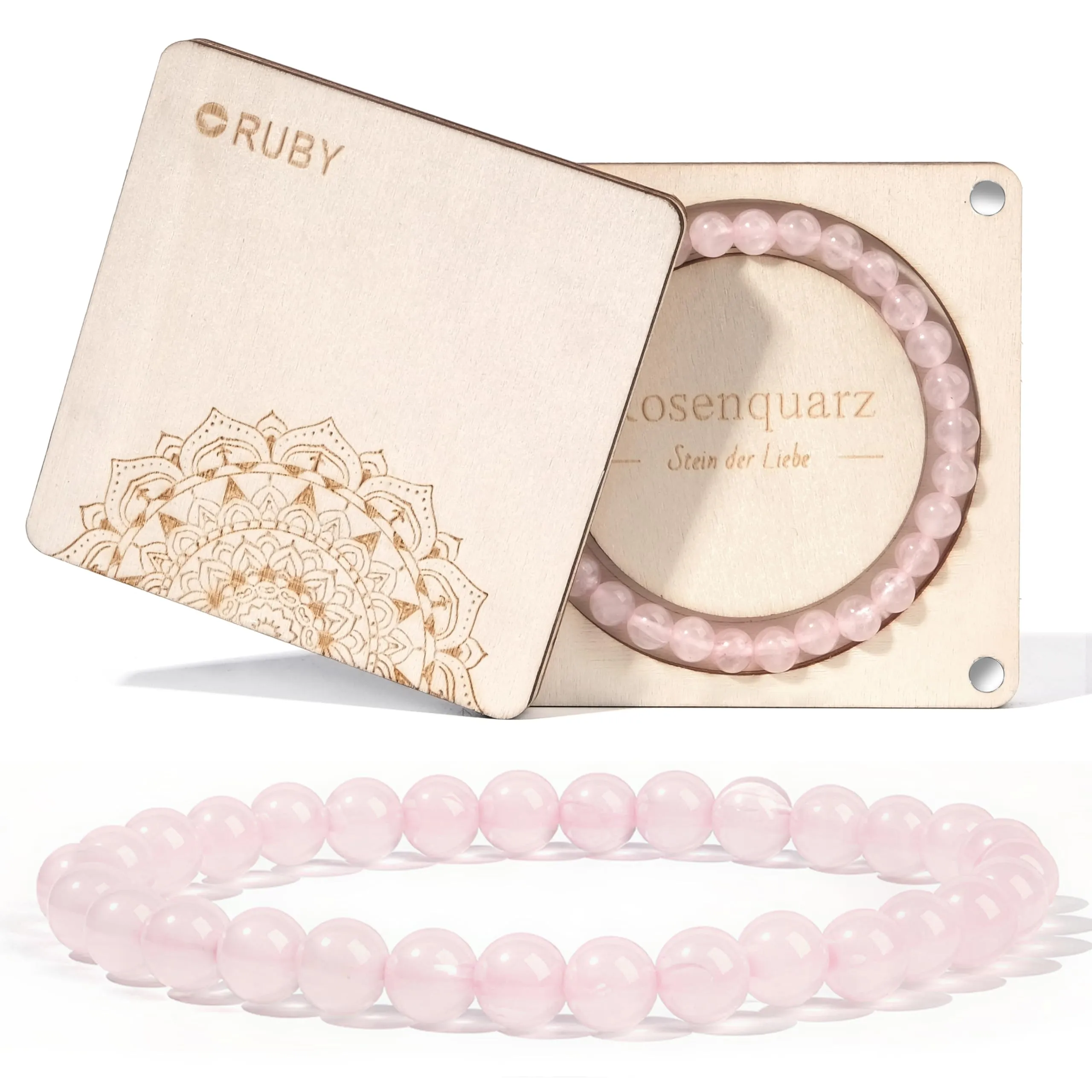RUBY Braccialetto elastico da 6 mm, realizzato a mano, in vera pietra naturale, con squisita idea regalo per mamma e sorelle, scatola regalo magnetica in legno e perle di ricambio, Rosenquarz, Strass - immagine 1