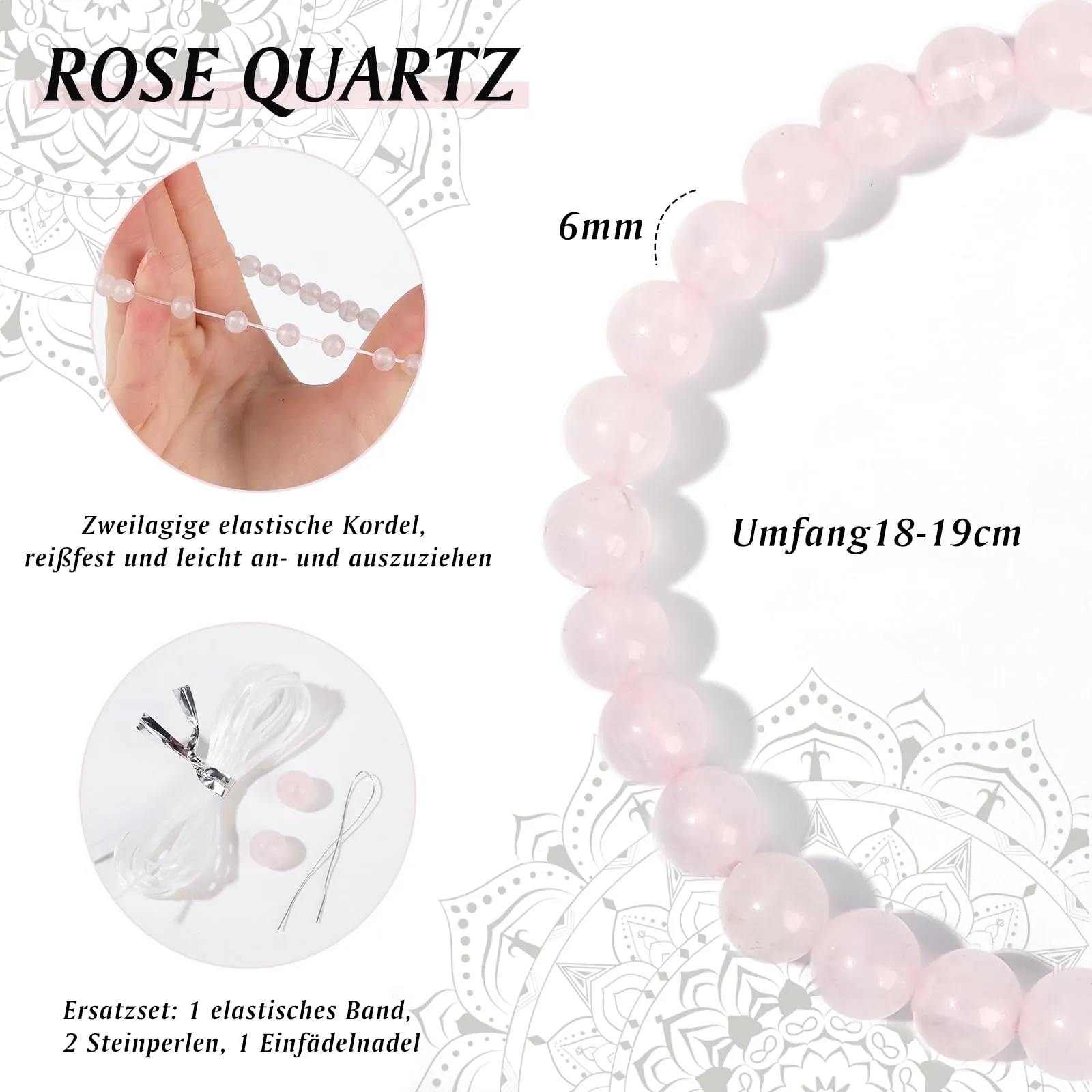 RUBY Braccialetto elastico da 6 mm, realizzato a mano, in vera pietra naturale, con squisita idea regalo per mamma e sorelle, scatola regalo magnetica in legno e perle di ricambio, Rosenquarz, Strass - immagine 2