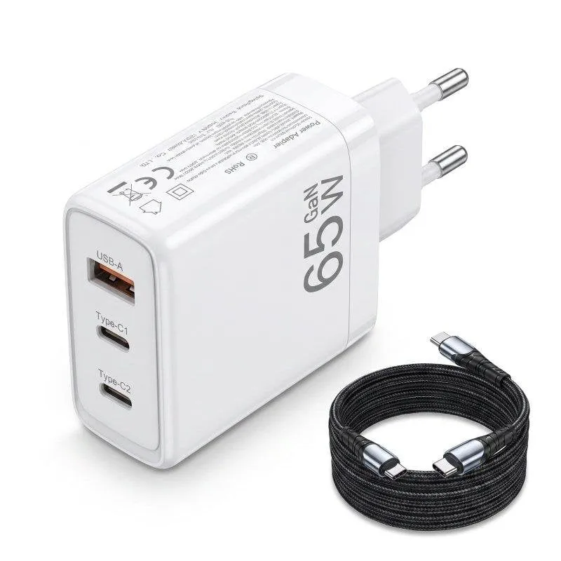 Caricabatterie GaN 65W Dam Electronics 3 Porte USB-C USB-A Cavo 2m - immagine 1