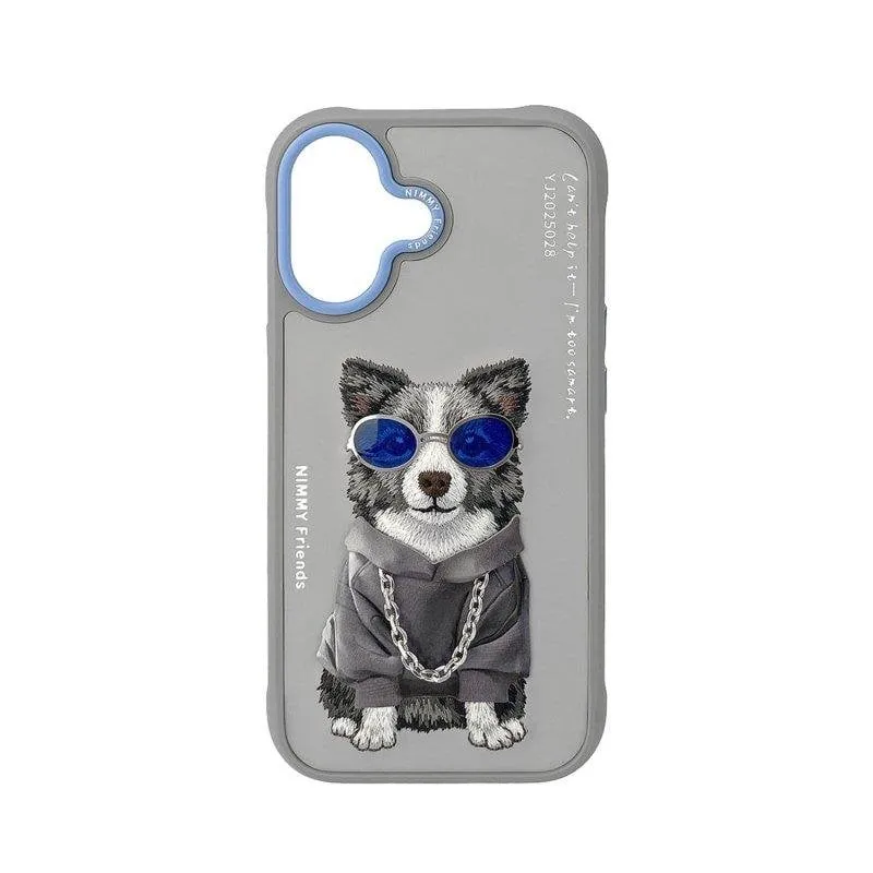 Cover Nimmy Friends Border Collie Ricamata 3D Grigia per iPhone 16 - immagine 1