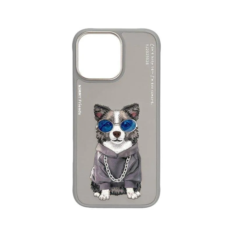 Cover Nimmy Friends Border Collie Ricamata 3D Grigia per iPhone 16 Pro Max - immagine 1