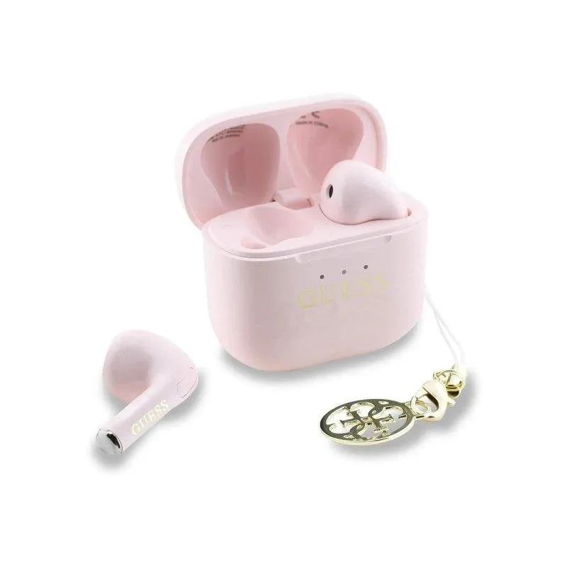 Auricolari Guess TWS wireless con finitura lucida, charm e custodia rosa - immagine 1