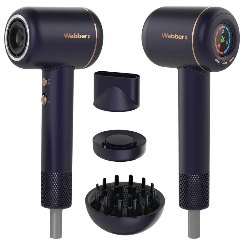 Phon Ionico WEBBER 05HD-1698 1600W 3 Temperature 3 Velocità Diffusore Concentratore Blu Oro - immagine 1