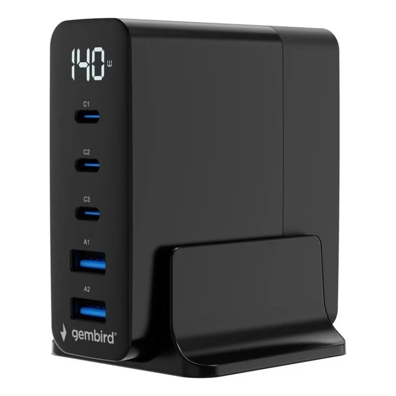 Caricatore rapido Gembird GaN 5 porte 140W USB-C/A Nero - immagine 1