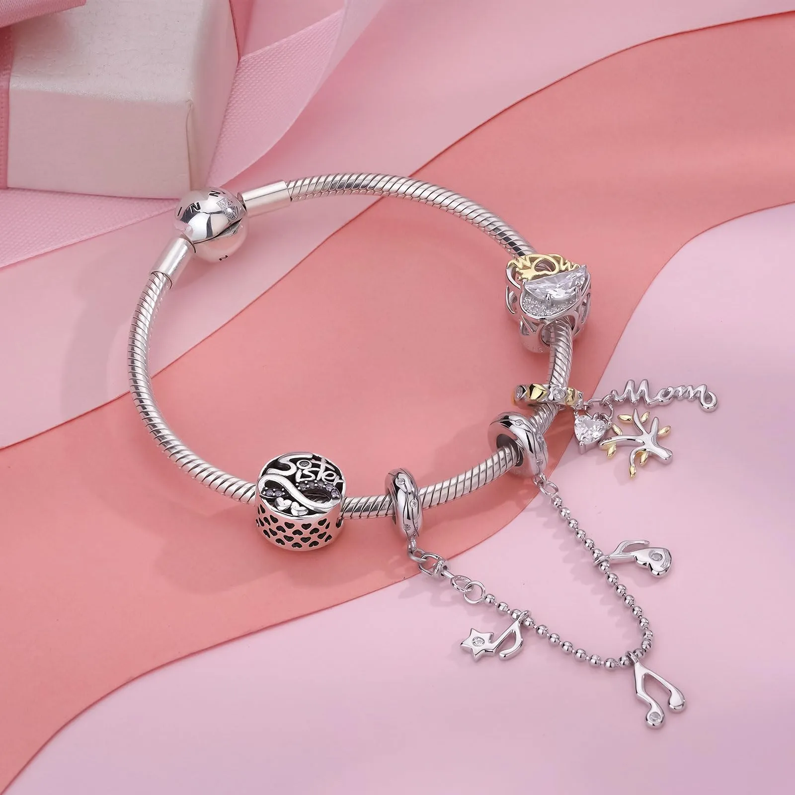 NINGAN Perline pendenti in argento sterling charm a forma di cuore di lettering di famiglia adatto per braccialetti da donna (Sorella Amore) - immagine 2