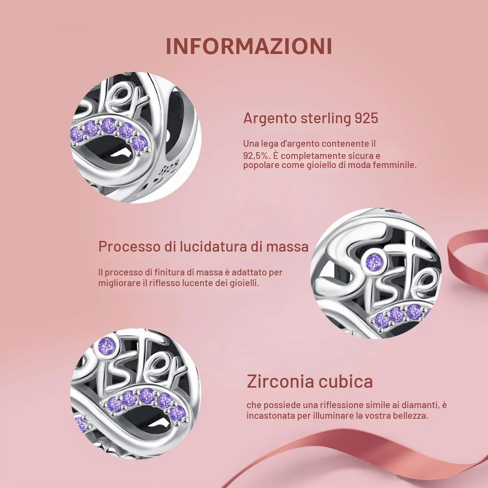 NINGAN Perline pendenti in argento sterling charm a forma di cuore di lettering di famiglia adatto per braccialetti da donna (Sorella Amore) - immagine 3