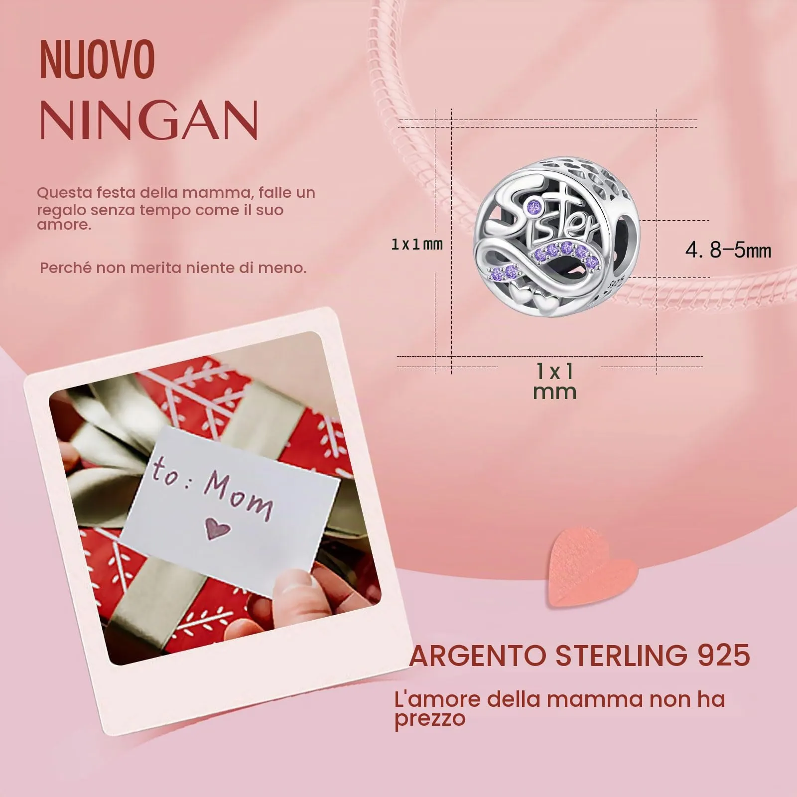 NINGAN Perline pendenti in argento sterling charm a forma di cuore di lettering di famiglia adatto per braccialetti da donna (Sorella Amore) - immagine 5