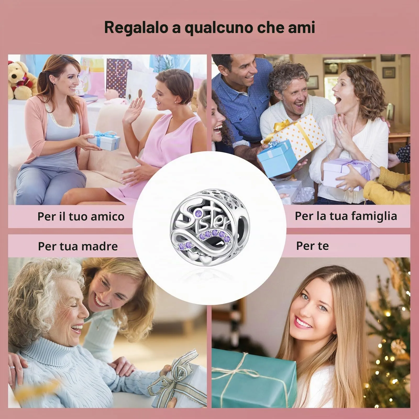 NINGAN Perline pendenti in argento sterling charm a forma di cuore di lettering di famiglia adatto per braccialetti da donna (Sorella Amore) - immagine 6
