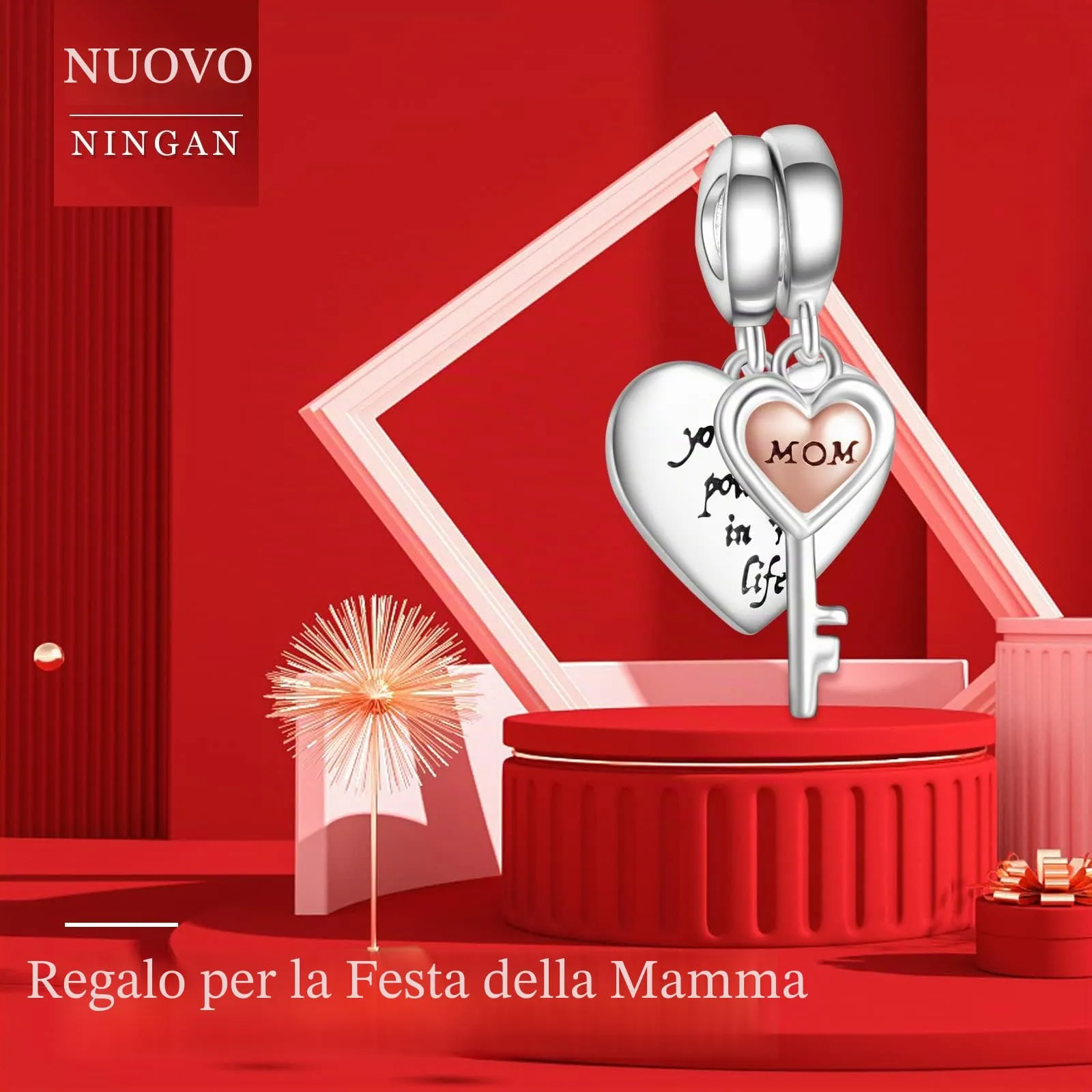 NINGAN Ciondolo a forma di cuore in argento sterling 925 Ciondolo a forma di chiave Un regalo per la mamma Collana a bracciale adatta alle donne - immagine 2