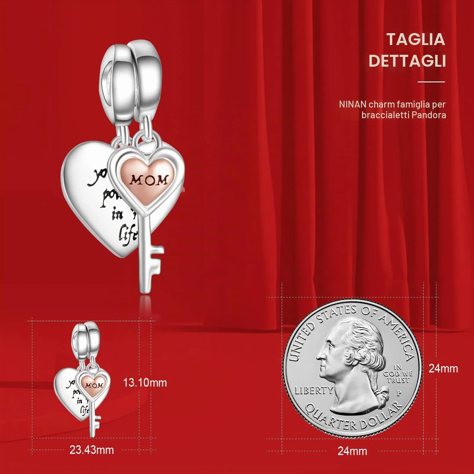 NINGAN Ciondolo a forma di cuore in argento sterling 925 Ciondolo a forma di chiave Un regalo per la mamma Collana a bracciale adatta alle donne - immagine 4