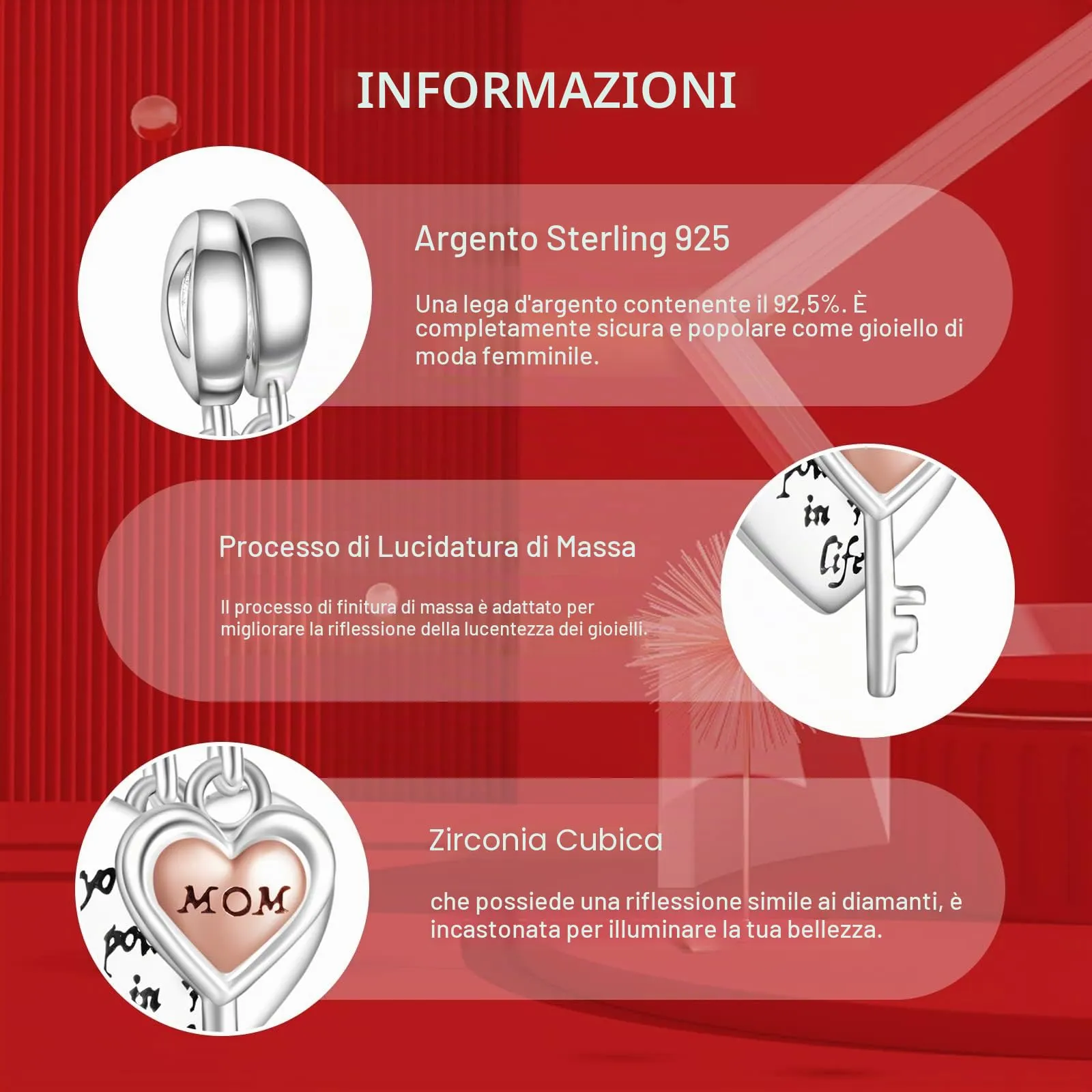 NINGAN Ciondolo a forma di cuore in argento sterling 925 Ciondolo a forma di chiave Un regalo per la mamma Collana a bracciale adatta alle donne - immagine 6