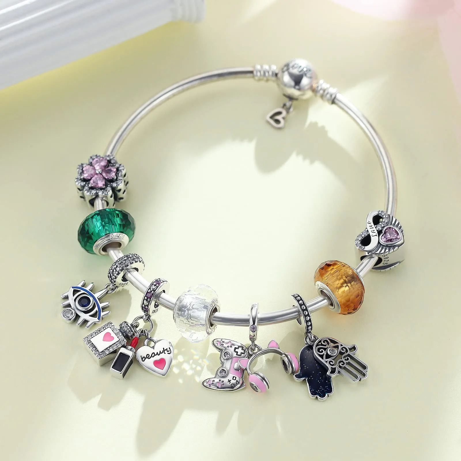 LNQOBU Ciondolo con Charm Argento Sterling 925 Fatima's Hand Dangle Charm Compatibile con Pandora e Europei Bracciale Collane da Donna（Fornito con una Perlina） - immagine 2