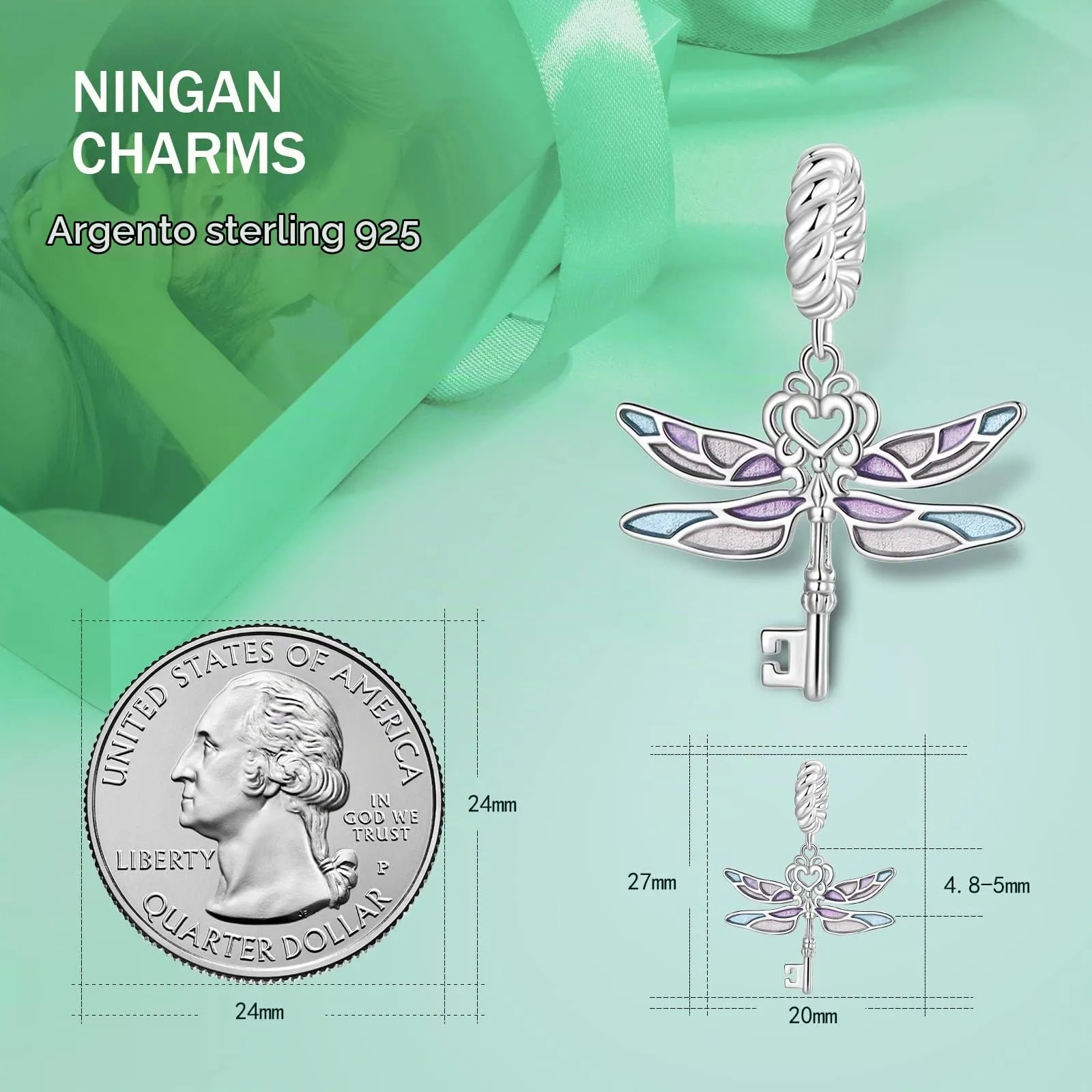 NINGAN Ciondolo a forma di libellula in argento sterling 925 Bracciale da donna con collana e ciondolo - immagine 3