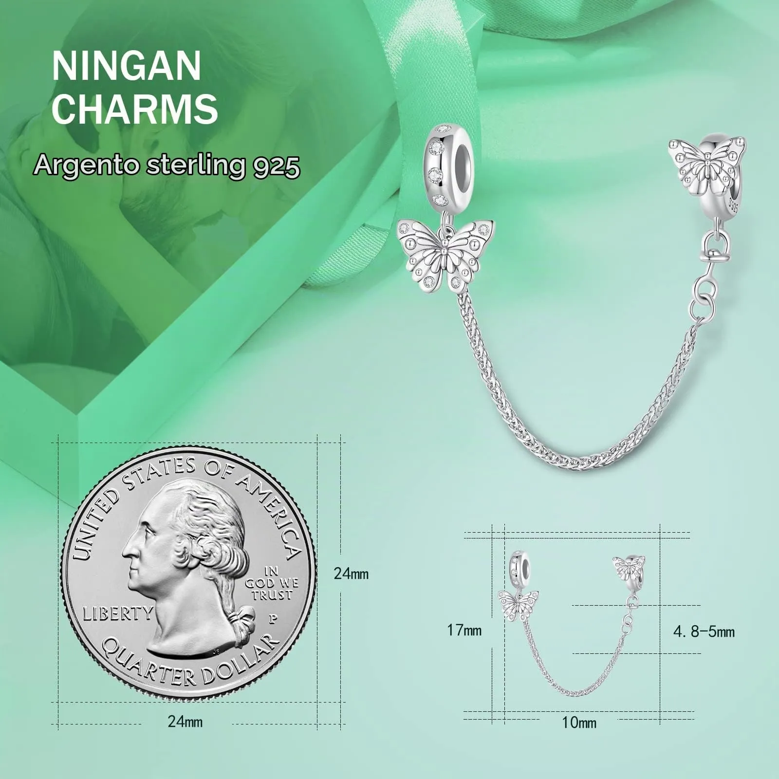 NINGAN Bracciale in argento 925 catena di sicurezza fascino farfalla perline Accessori per bracciali da donna - immagine 3