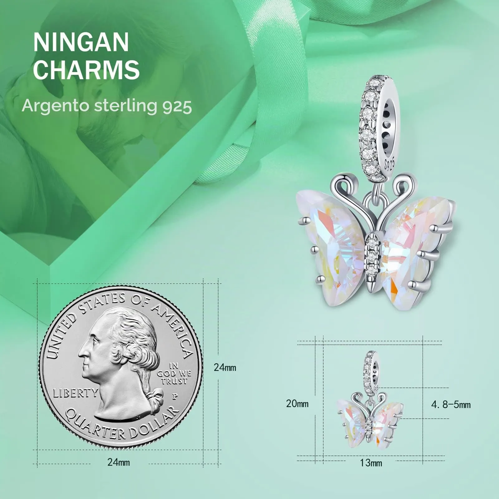 NINGAN Ciondolo a forma di farfalla in argento 925 Bracciale da donna con ciondolo e collana scintillante - immagine 3
