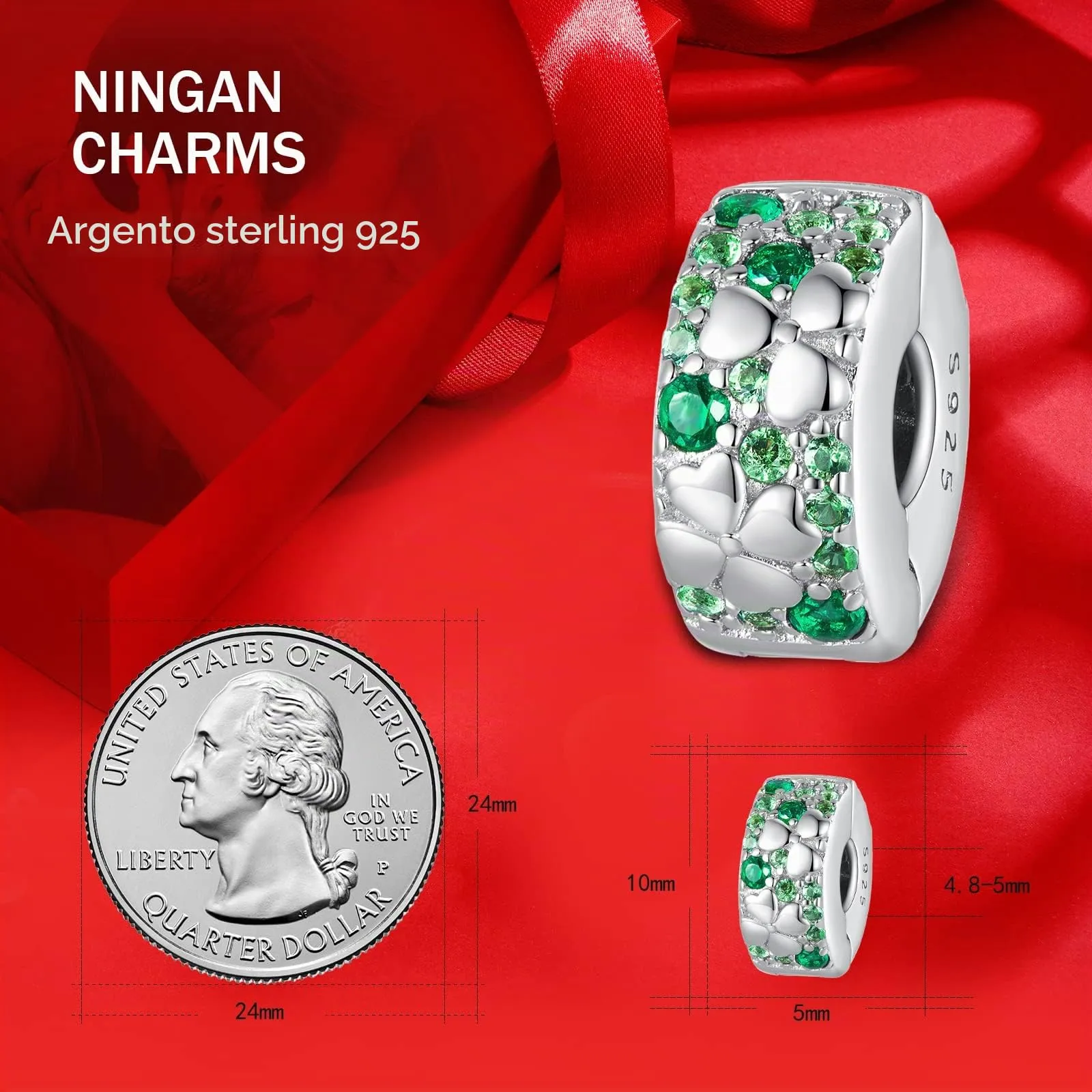 NINGAN Bracciale con perline a forma di quadrifoglio Argento sterling 925 clip-charms Accessori per bracciali - immagine 3