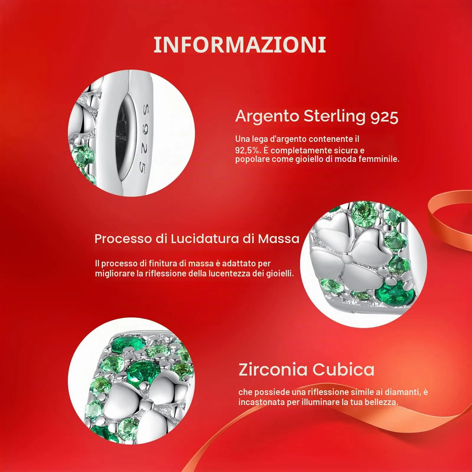 NINGAN Bracciale con perline a forma di quadrifoglio Argento sterling 925 clip-charms Accessori per bracciali - immagine 4