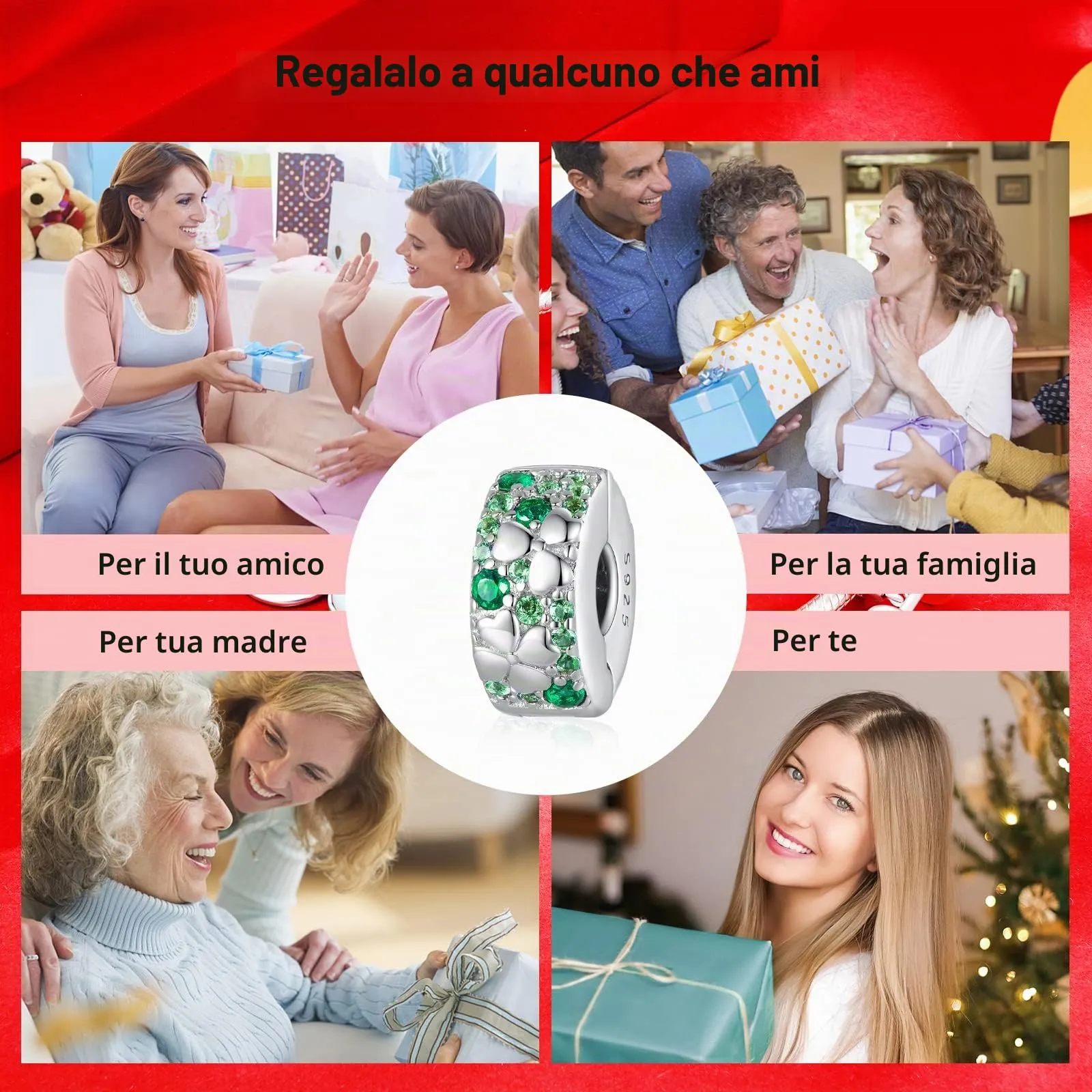 NINGAN Bracciale con perline a forma di quadrifoglio Argento sterling 925 clip-charms Accessori per bracciali - immagine 6