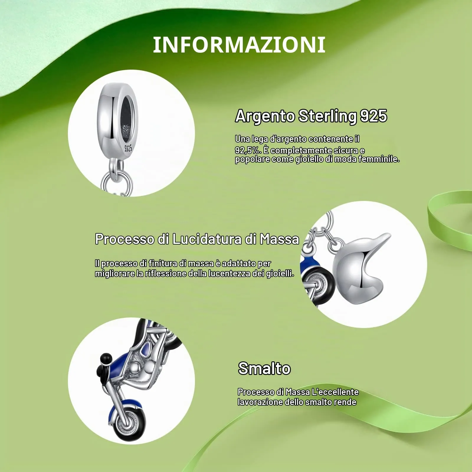 NINGAN Pendente moto in argento 925 Smalto a goccia Delizioso ciondolo bracciale da donna un regalo di compleanno - immagine 4