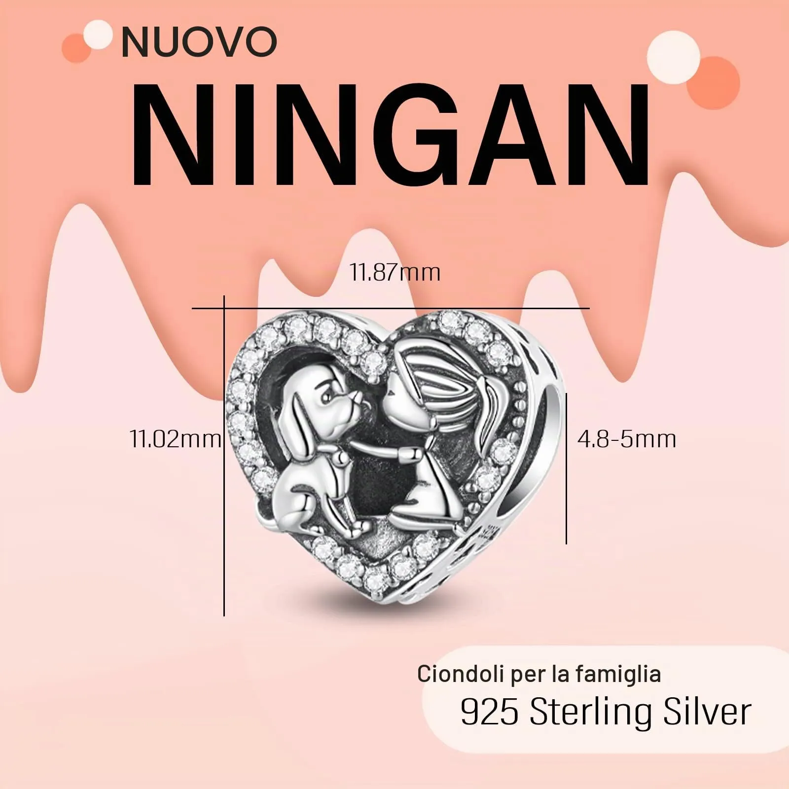 NINGAN Ragazze e animali domestici Cuore Beads Charm in argento 925 Adatto per braccialetti da donna - immagine 2