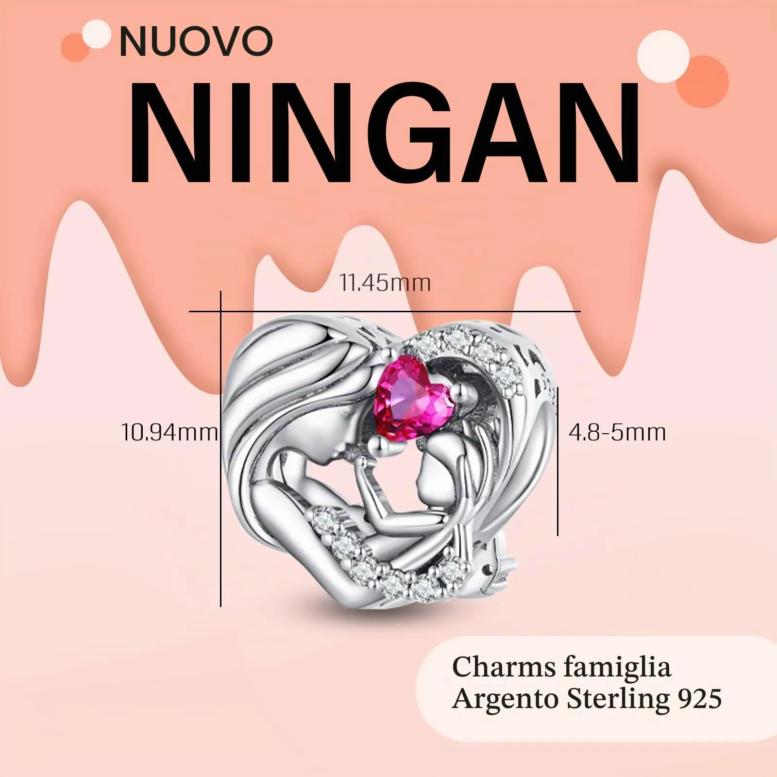 NINGAN Pendente amore in argento 925 per madre e bambino Perline preziose viola lucide adatte per bracciale da donna - immagine 2